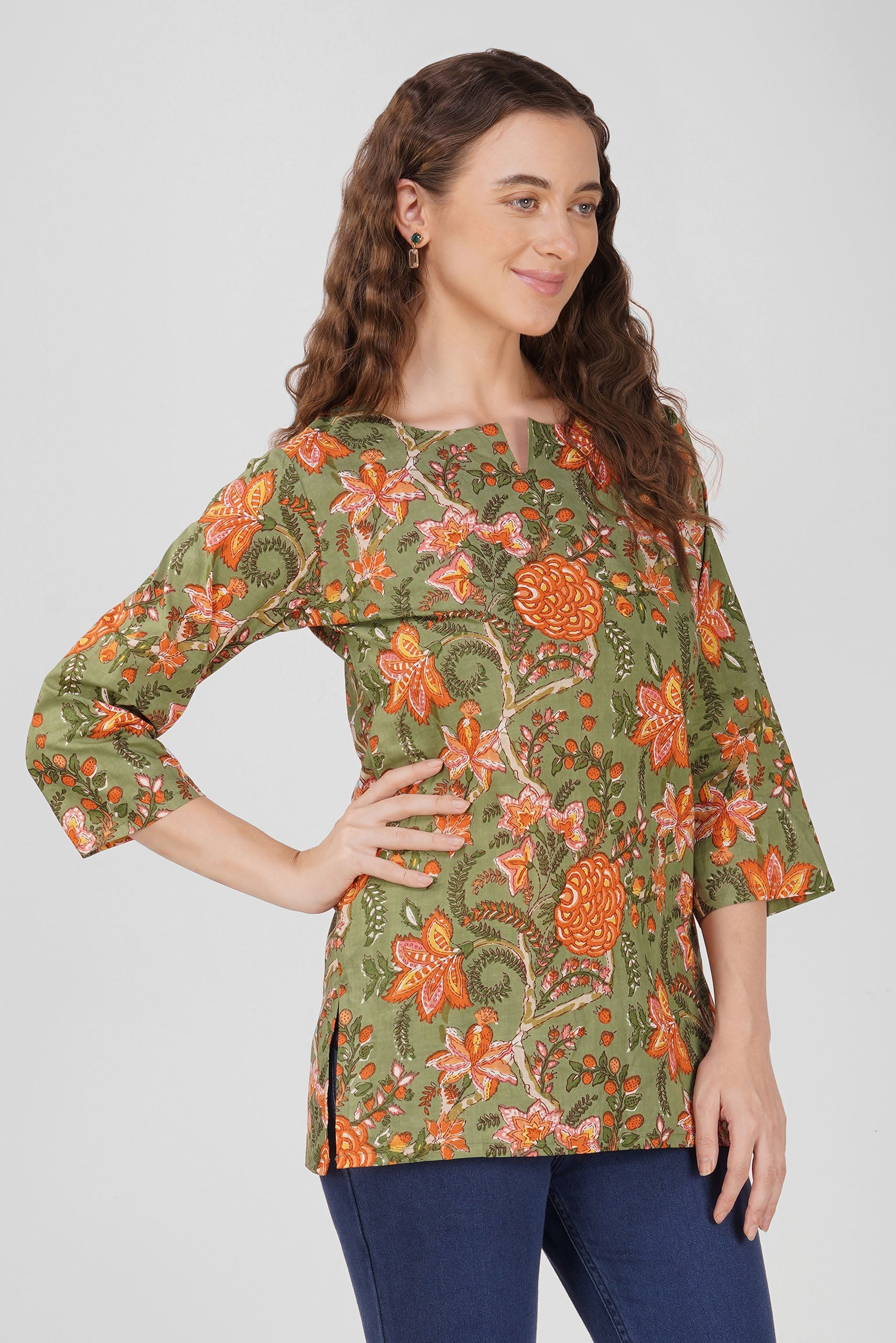 Green Floral Cotton Top