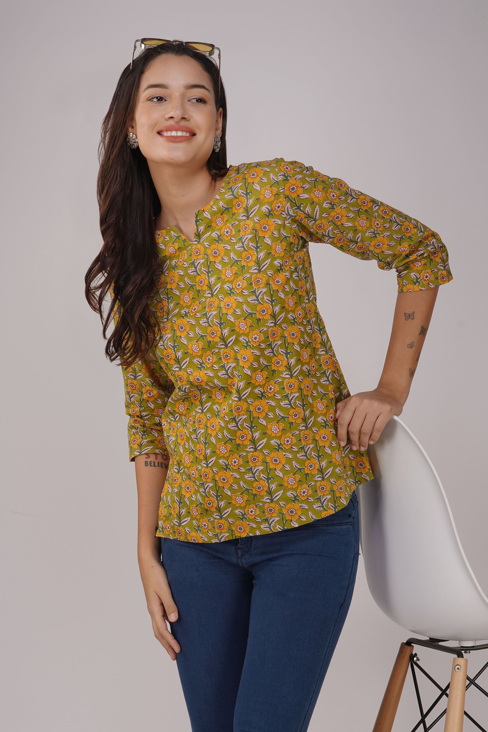 Green Printed Round V-Neck Cotton Top