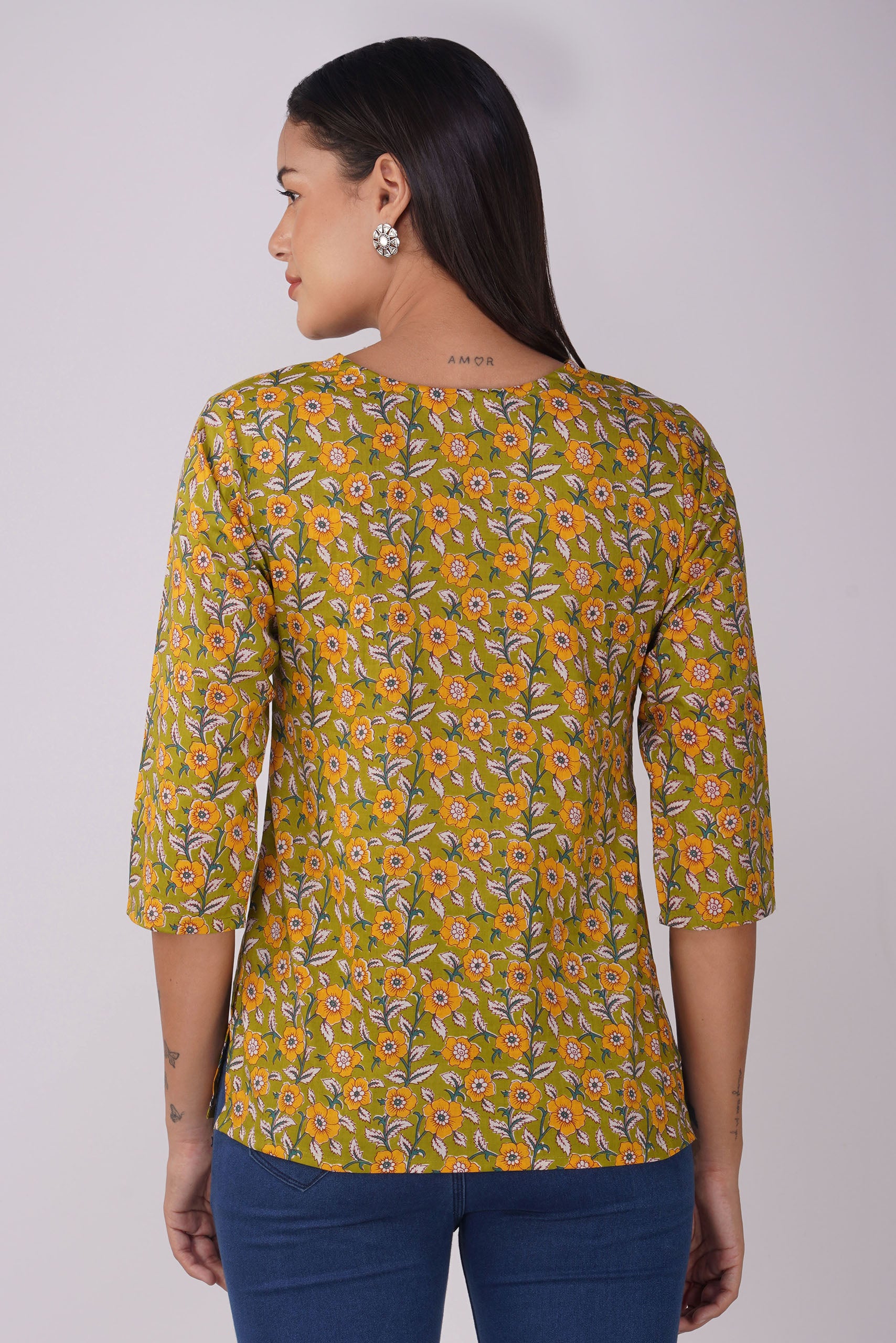 Green Printed Round V-Neck Cotton Top