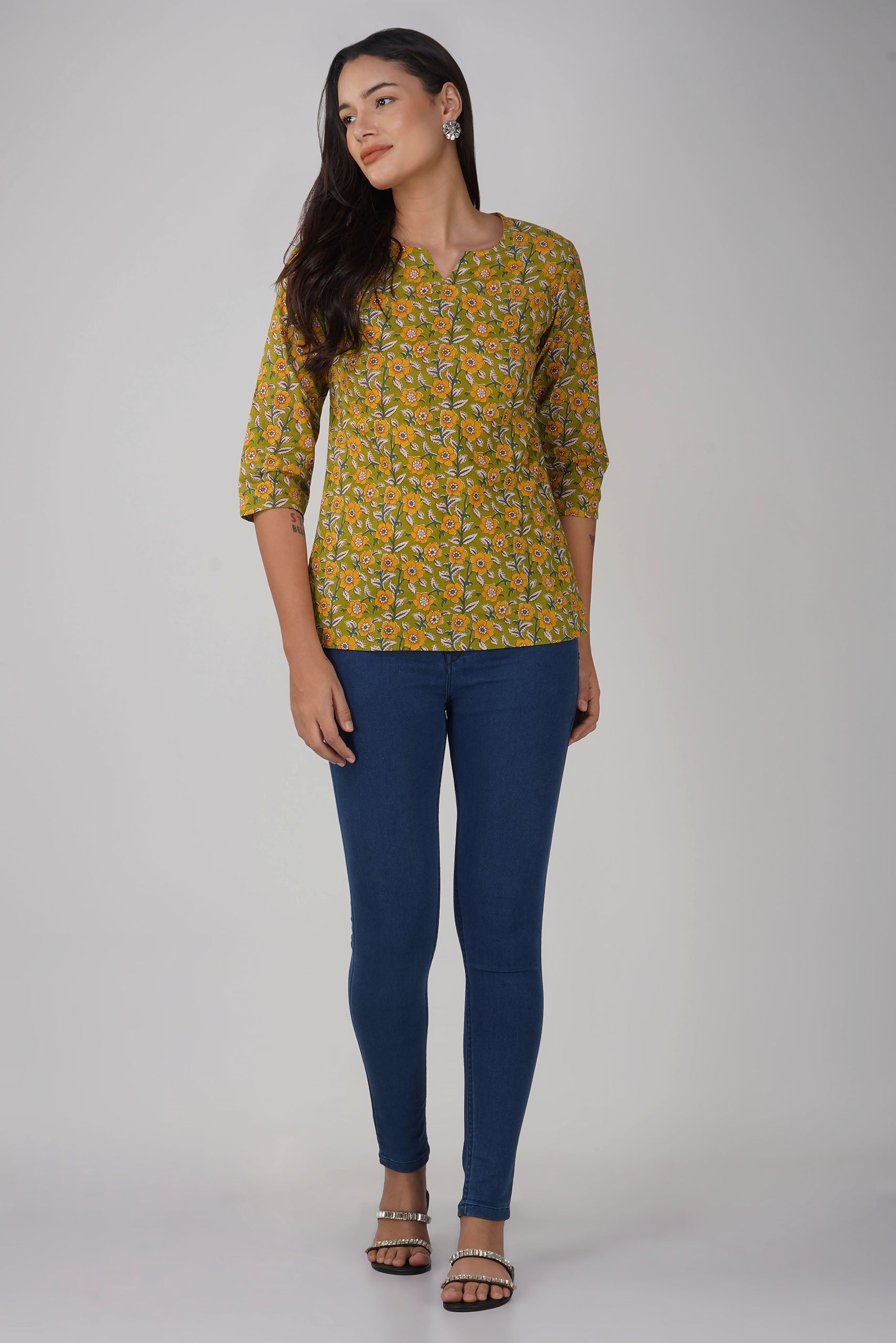 Green Printed Round V-Neck Cotton Top