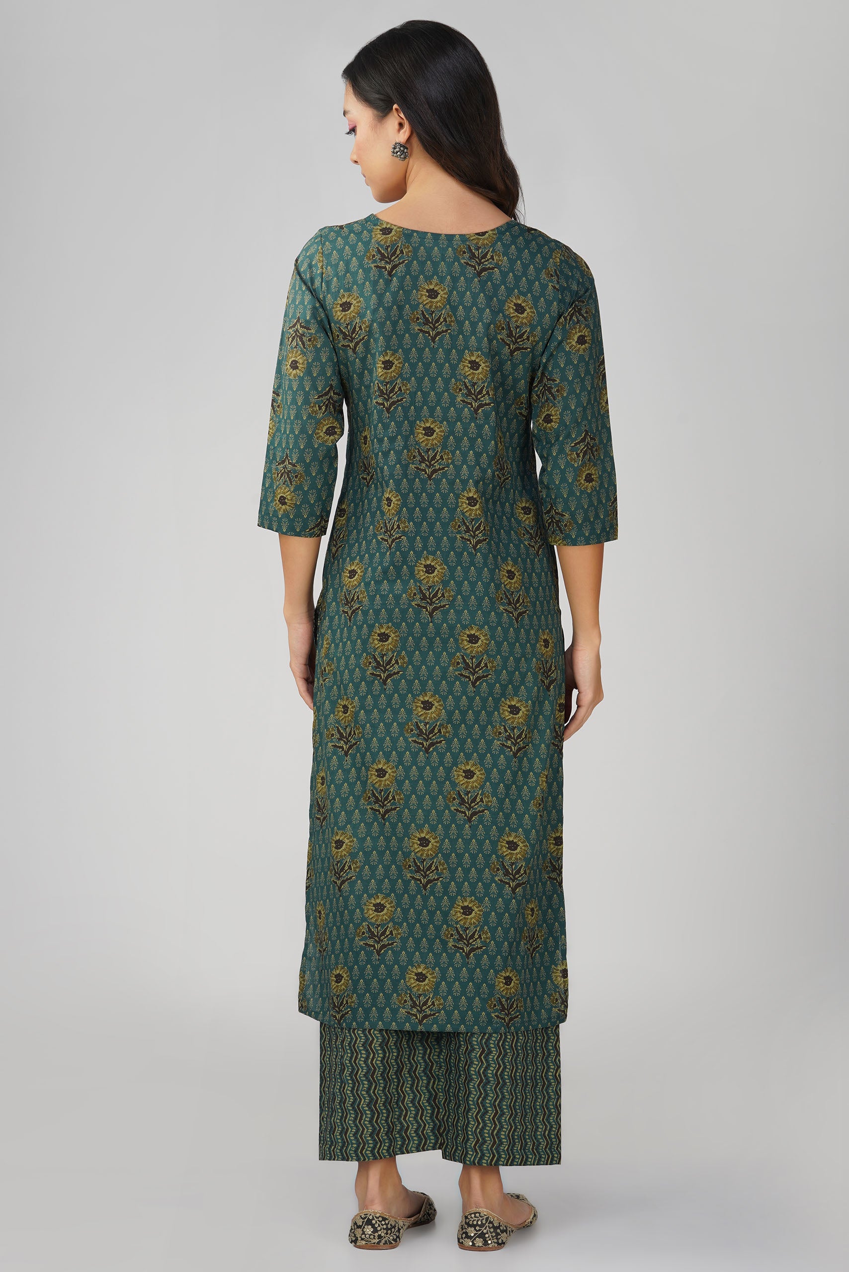 Green Printed Round V-Neck Cotton Kurta Set
