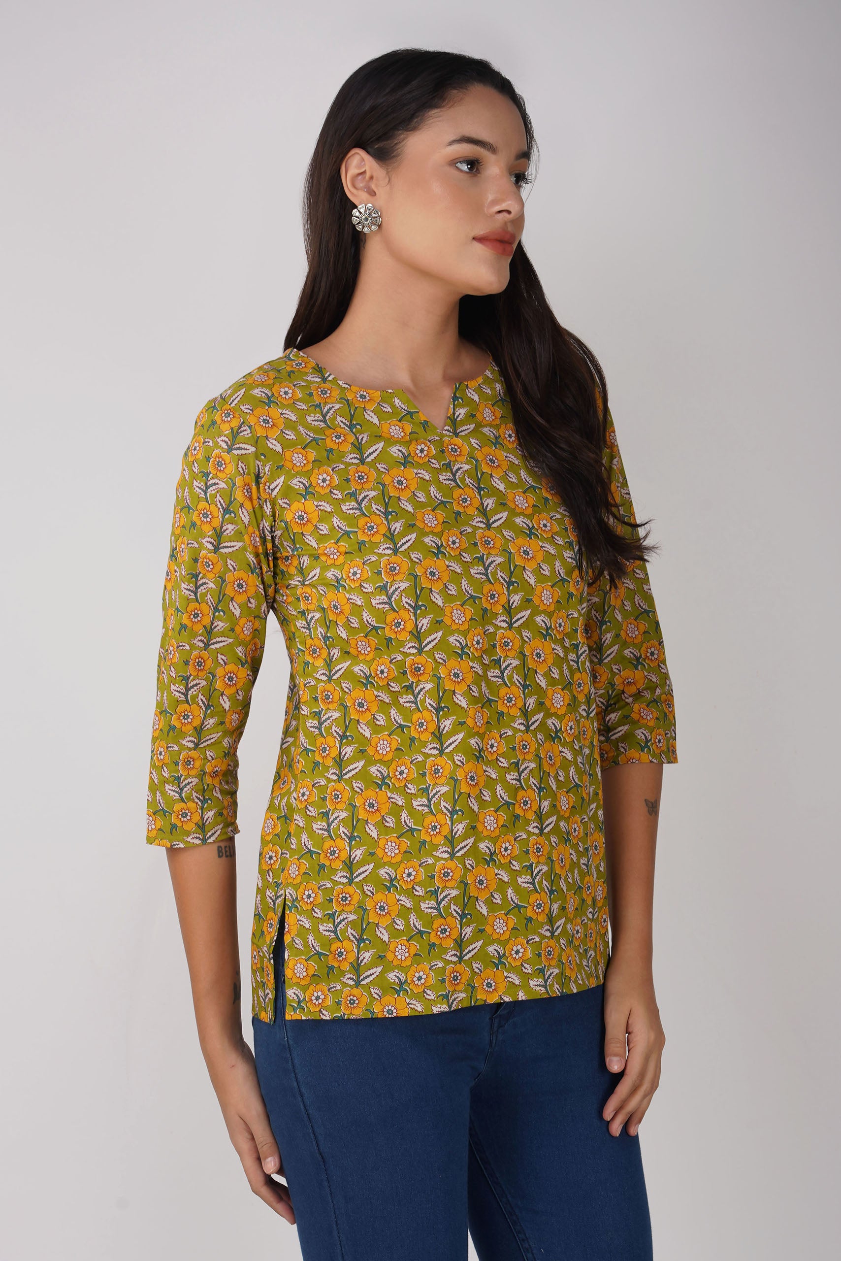 Green Printed Round V-Neck Cotton Top