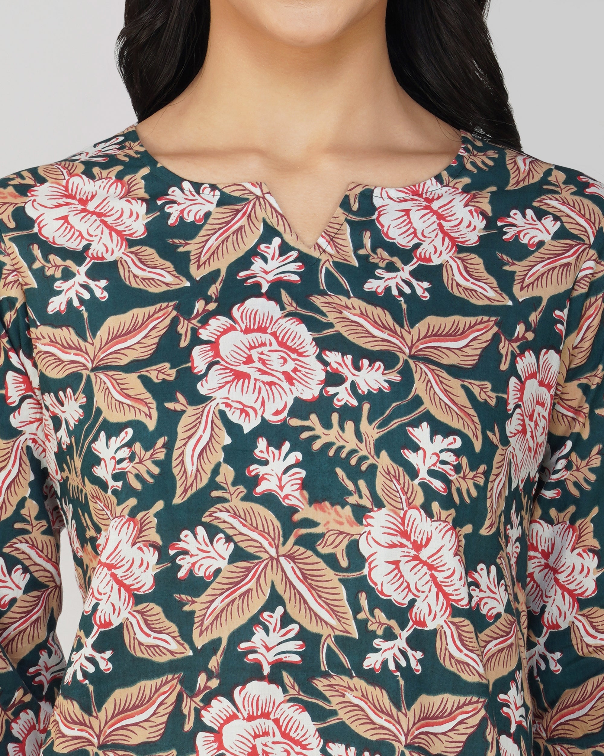 Green Printed Round V-Neck Cotton Co-ord Set