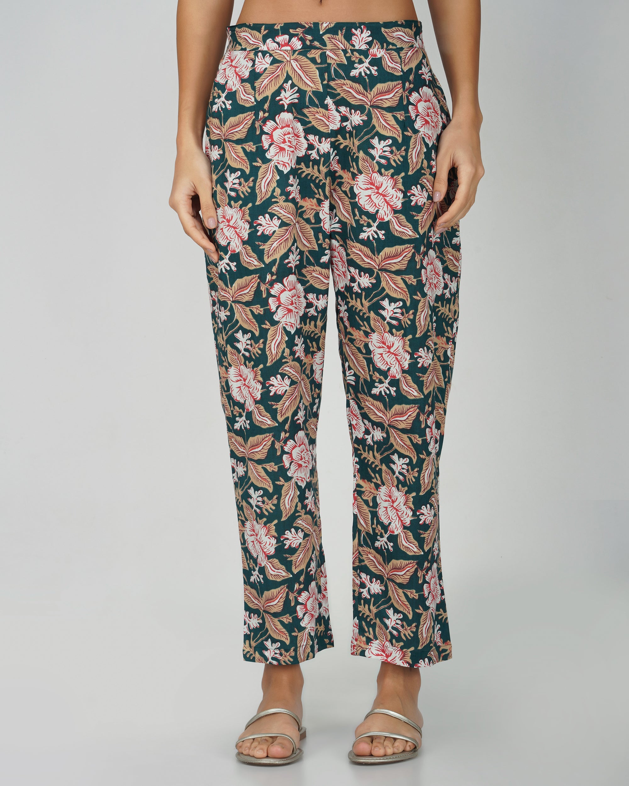 Green Printed Round V-Neck Cotton Co-ord Set