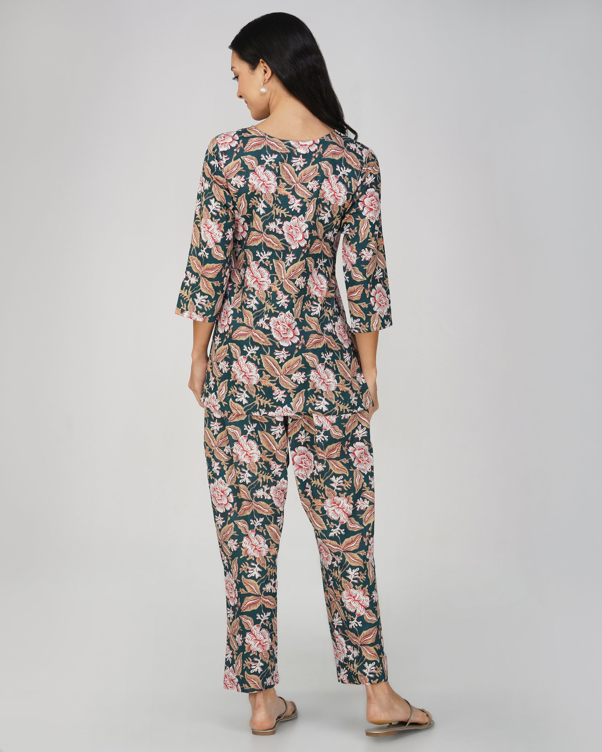 Green Printed Round V-Neck Cotton Co-ord Set