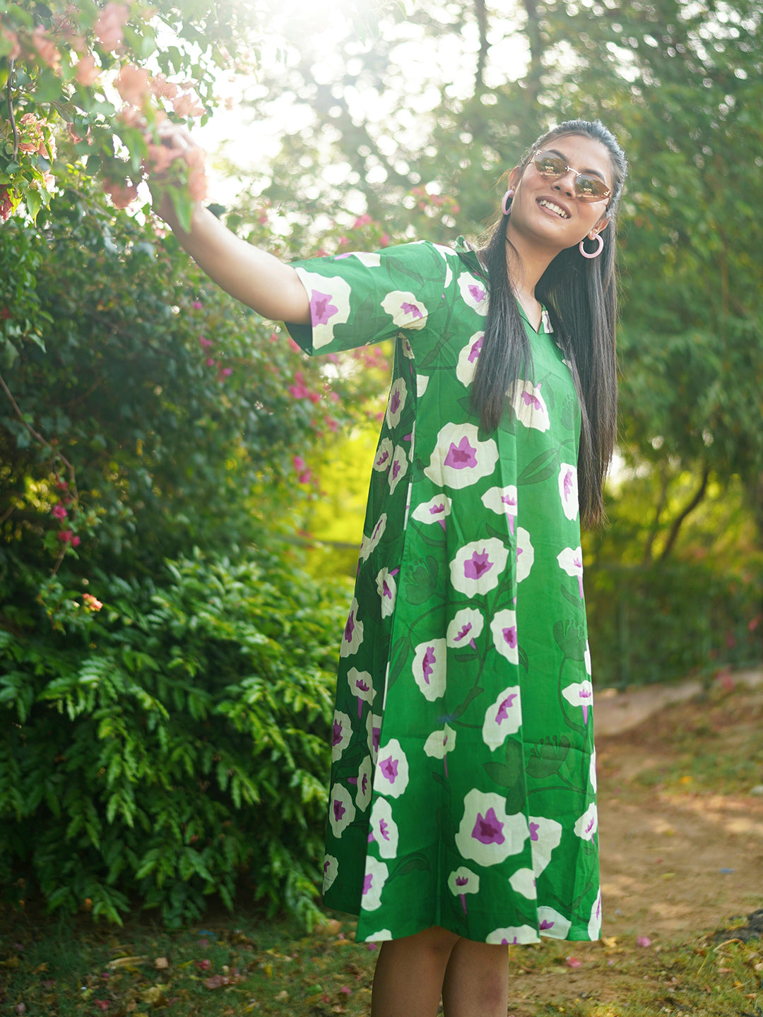 Green Printed Short Cotton Dress