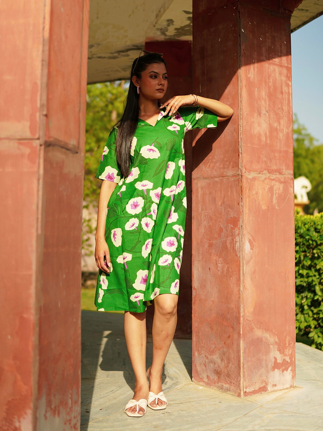 Green Printed Short Cotton Dress