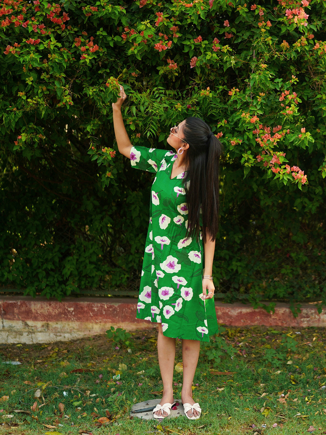 Green Printed Short Cotton Dress