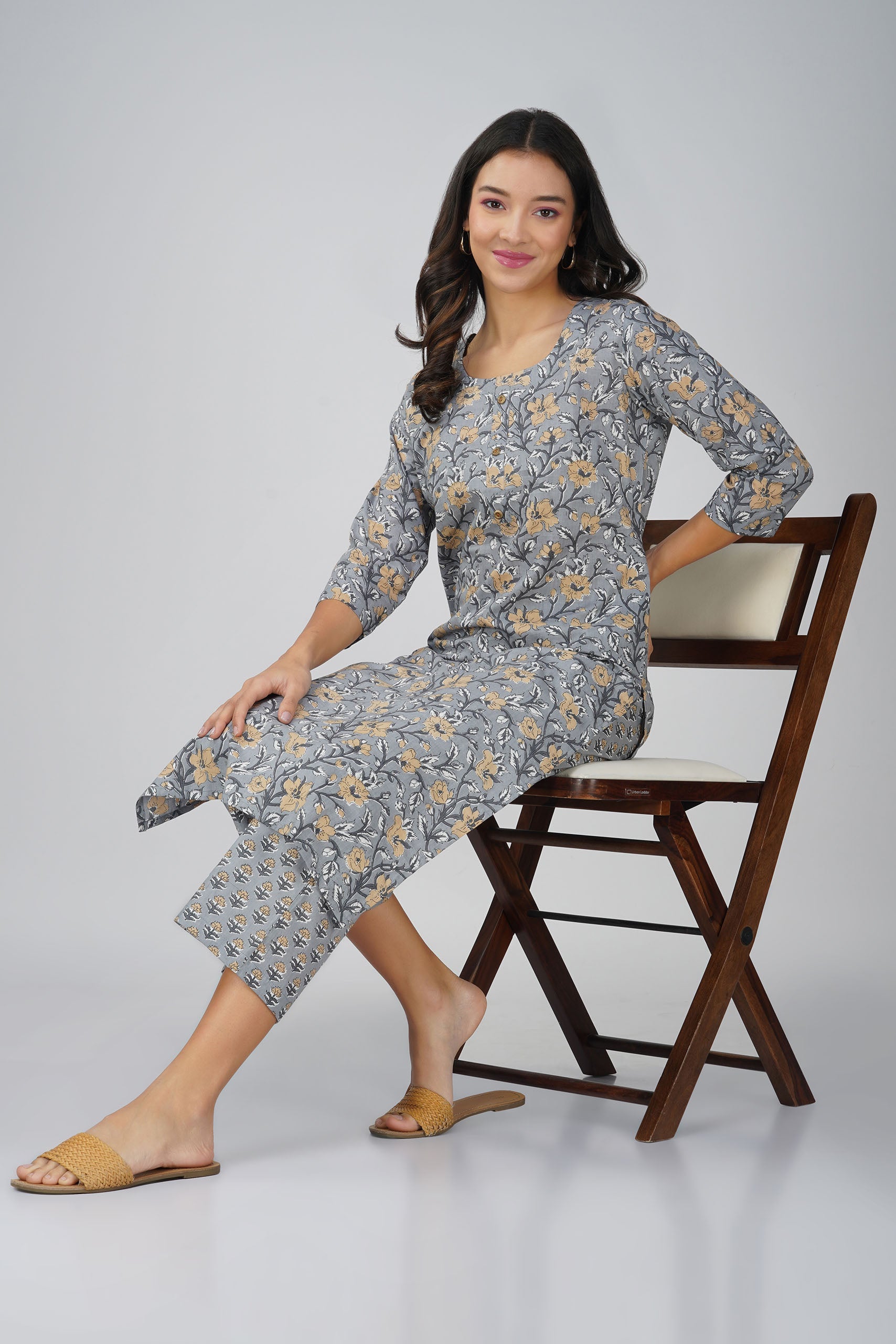 Grey Printed Round Neck Cotton Kurta Set