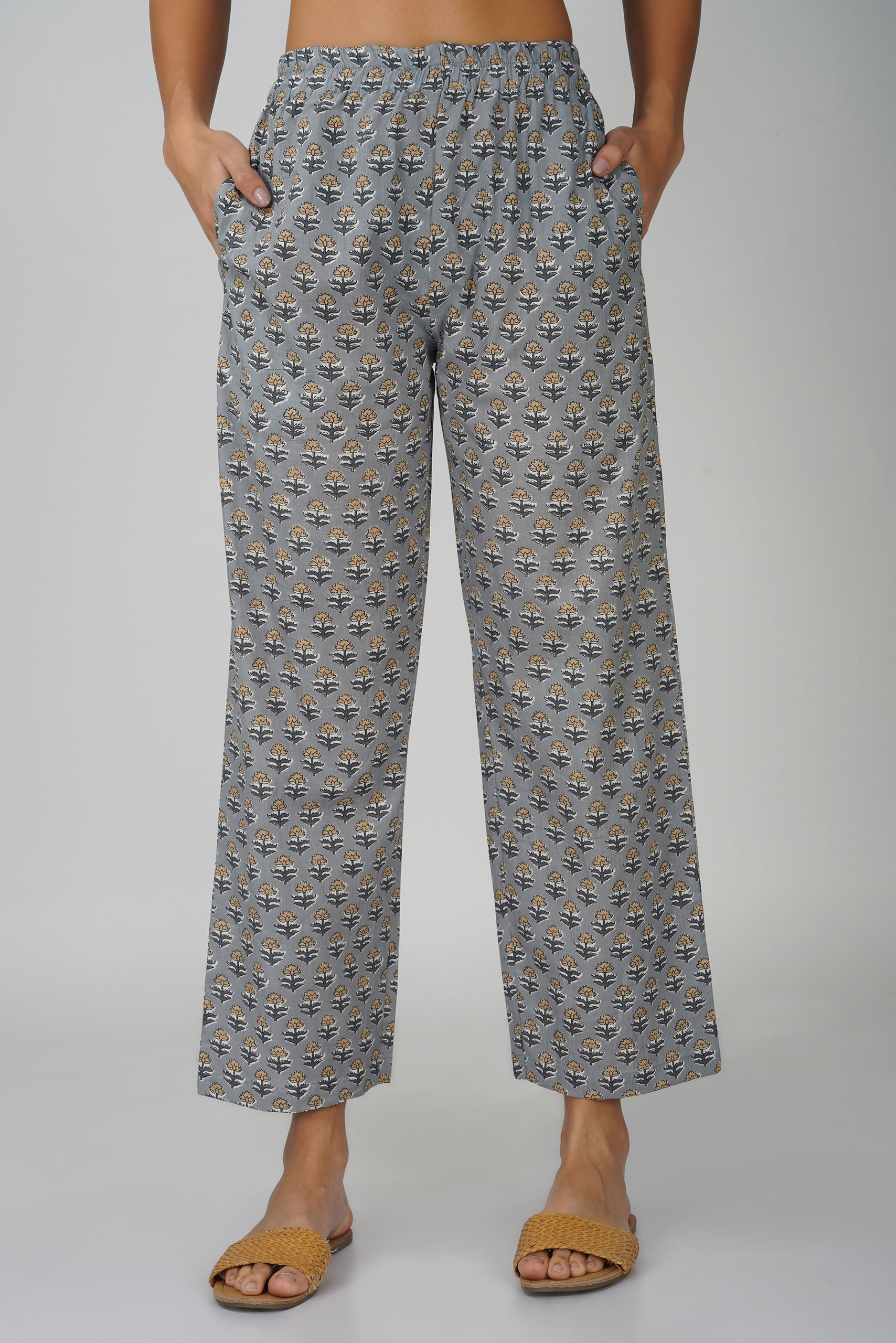 Grey Printed Round Neck Cotton Kurta Set