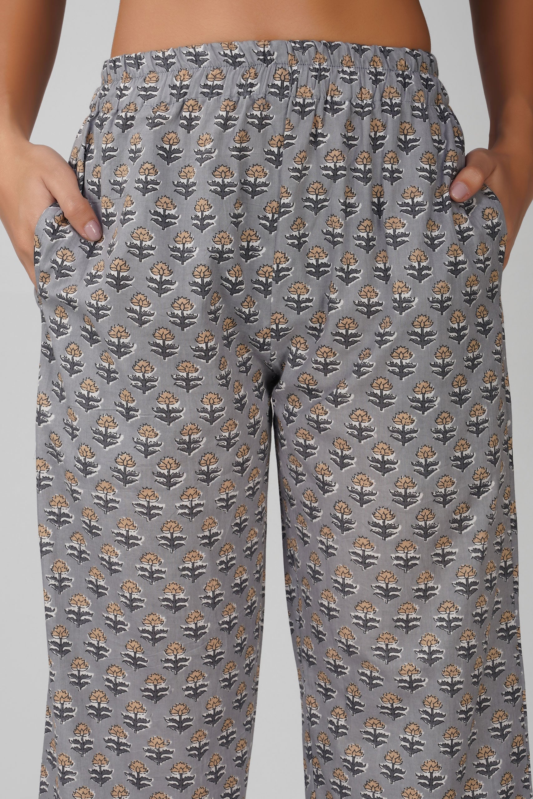 Grey Printed Round Neck Cotton Kurta Set