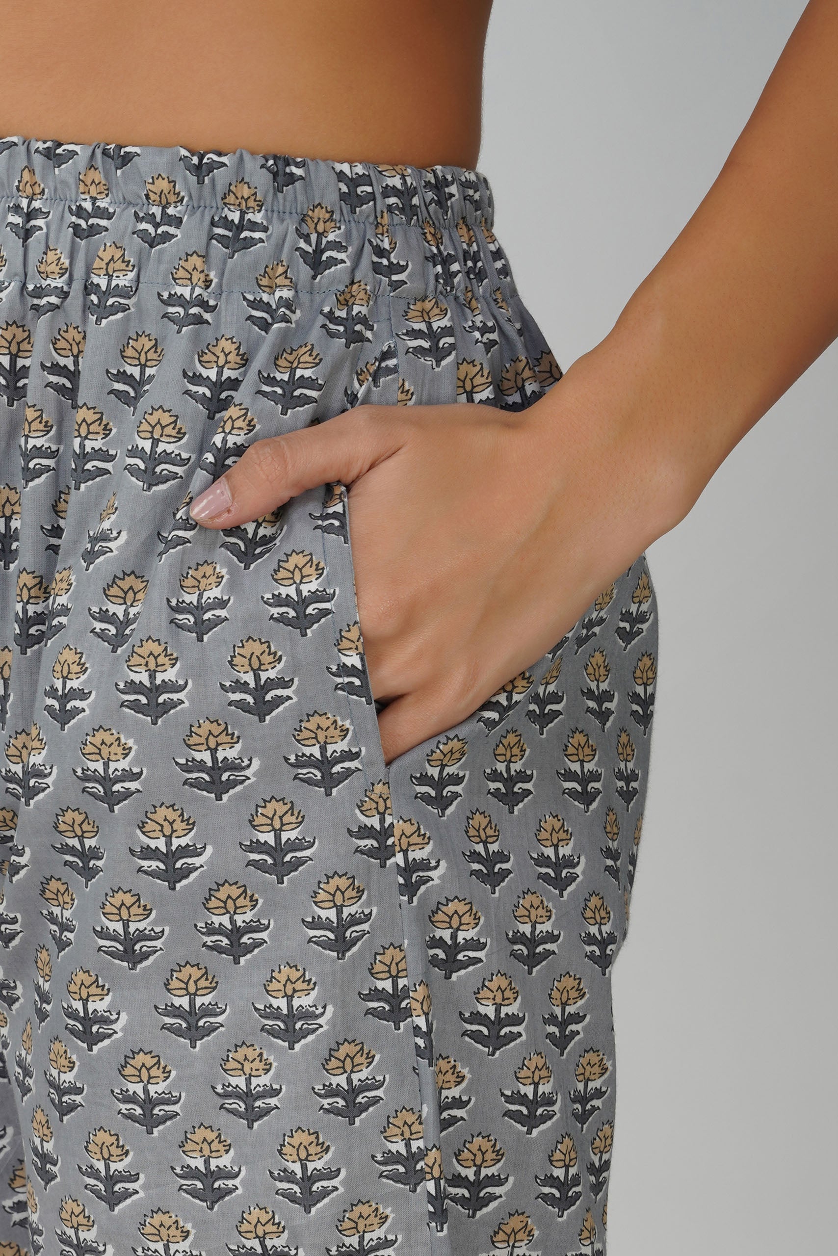 Grey Printed Round Neck Cotton Kurta Set