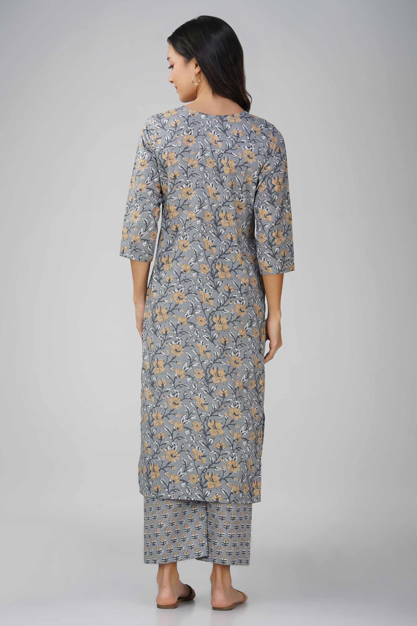 Grey Printed Round Neck Cotton Kurta Set