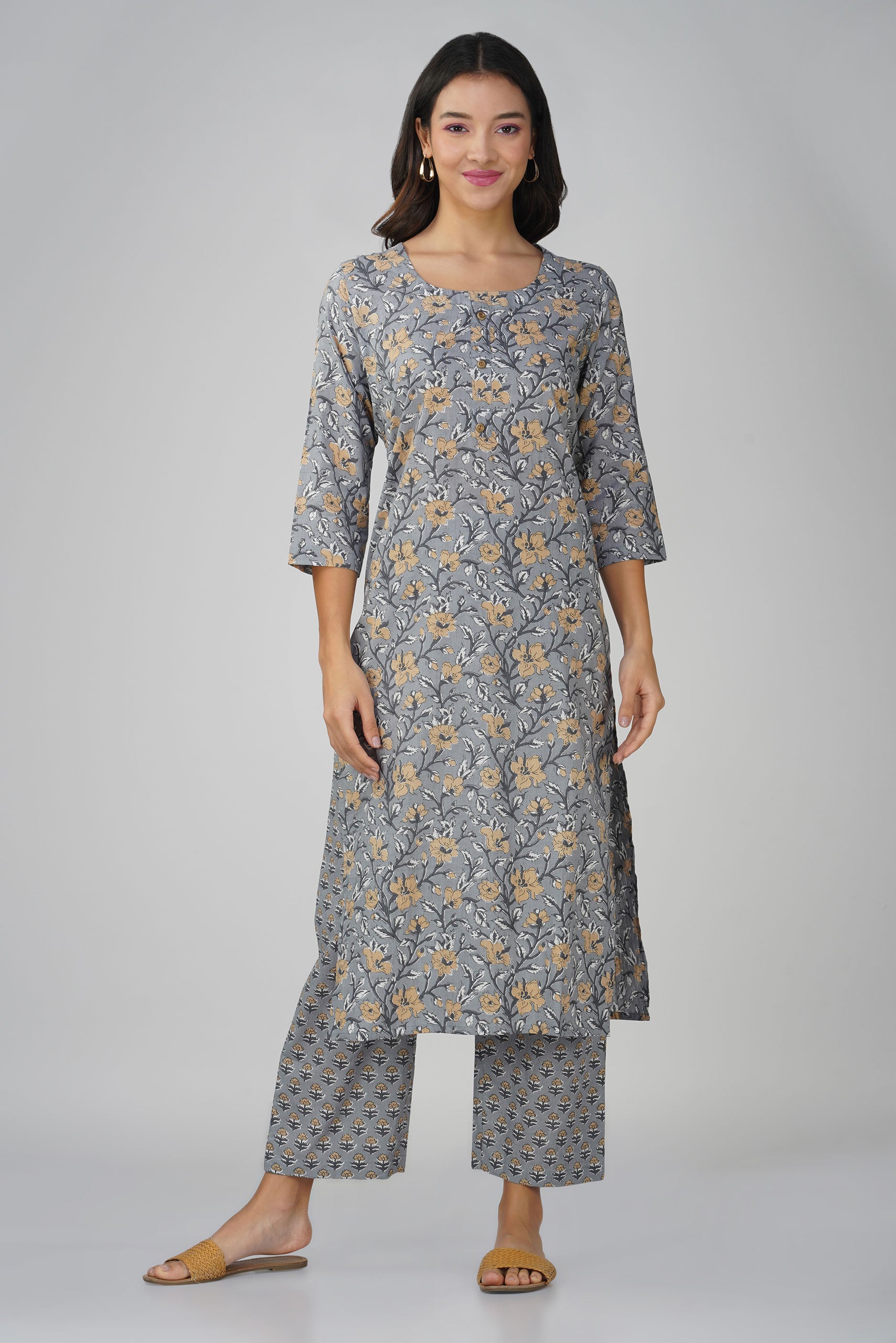 Grey Printed Round Neck Cotton Kurta Set