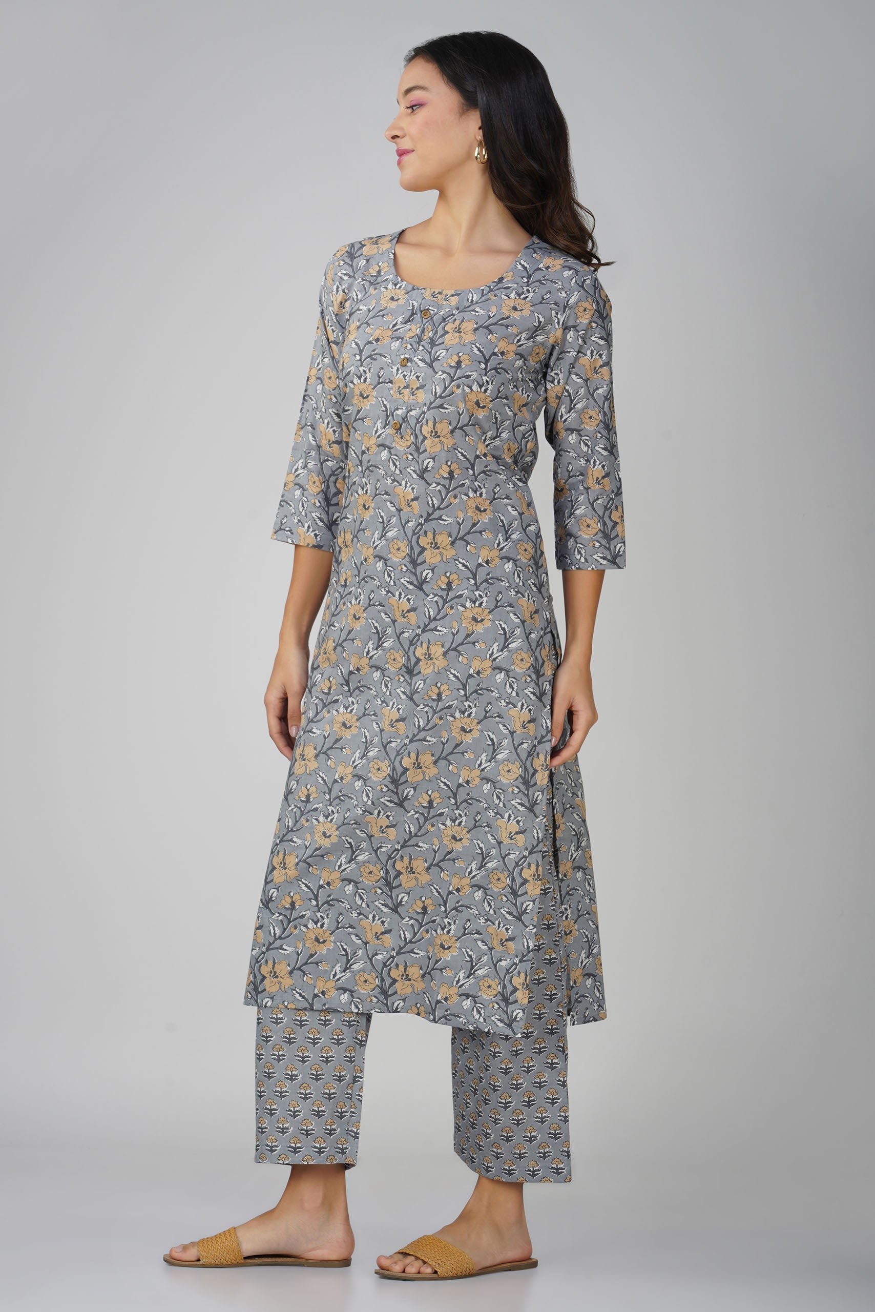 Grey Printed Round Neck Cotton Kurta Set