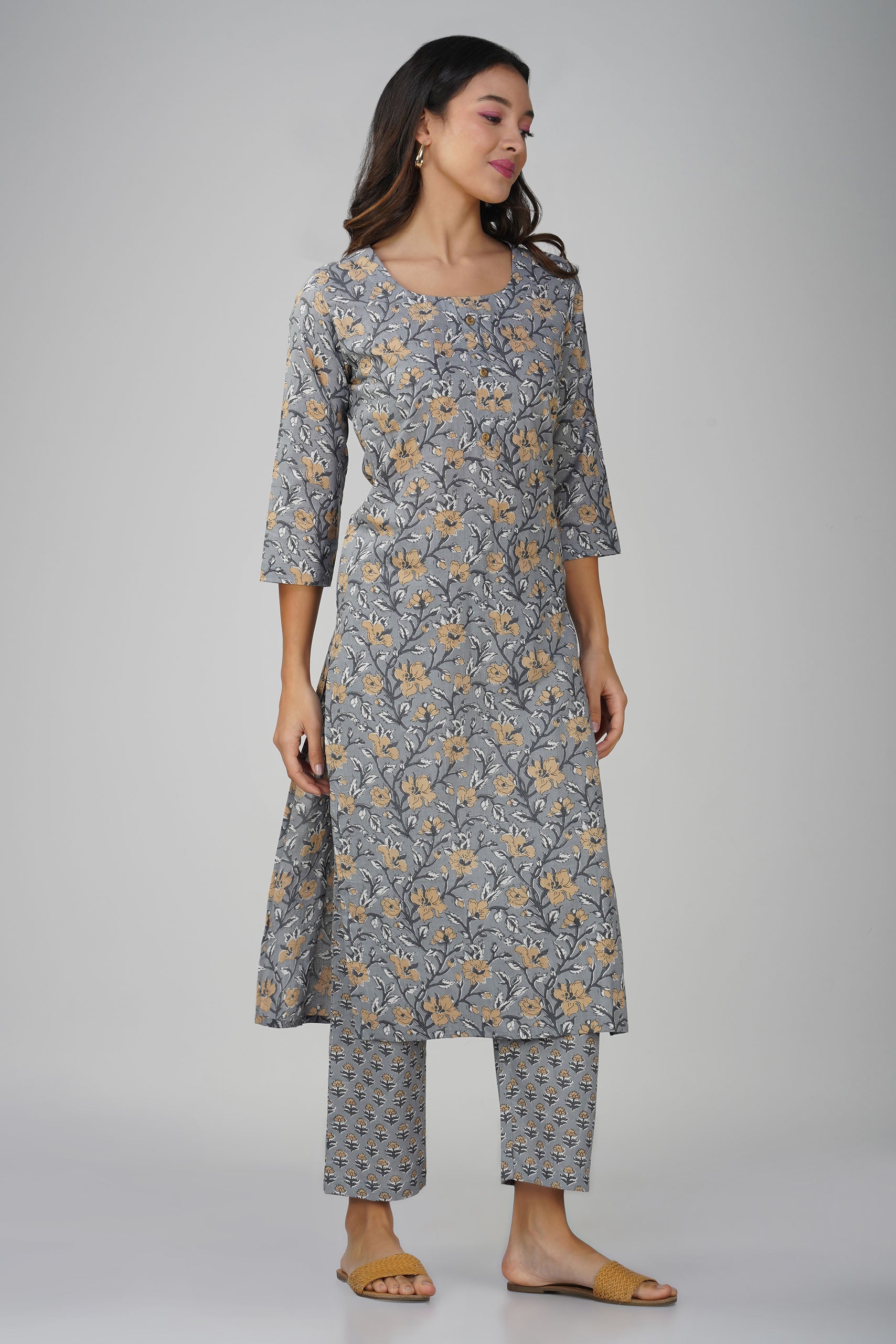 Grey Printed Round Neck Cotton Kurta Set