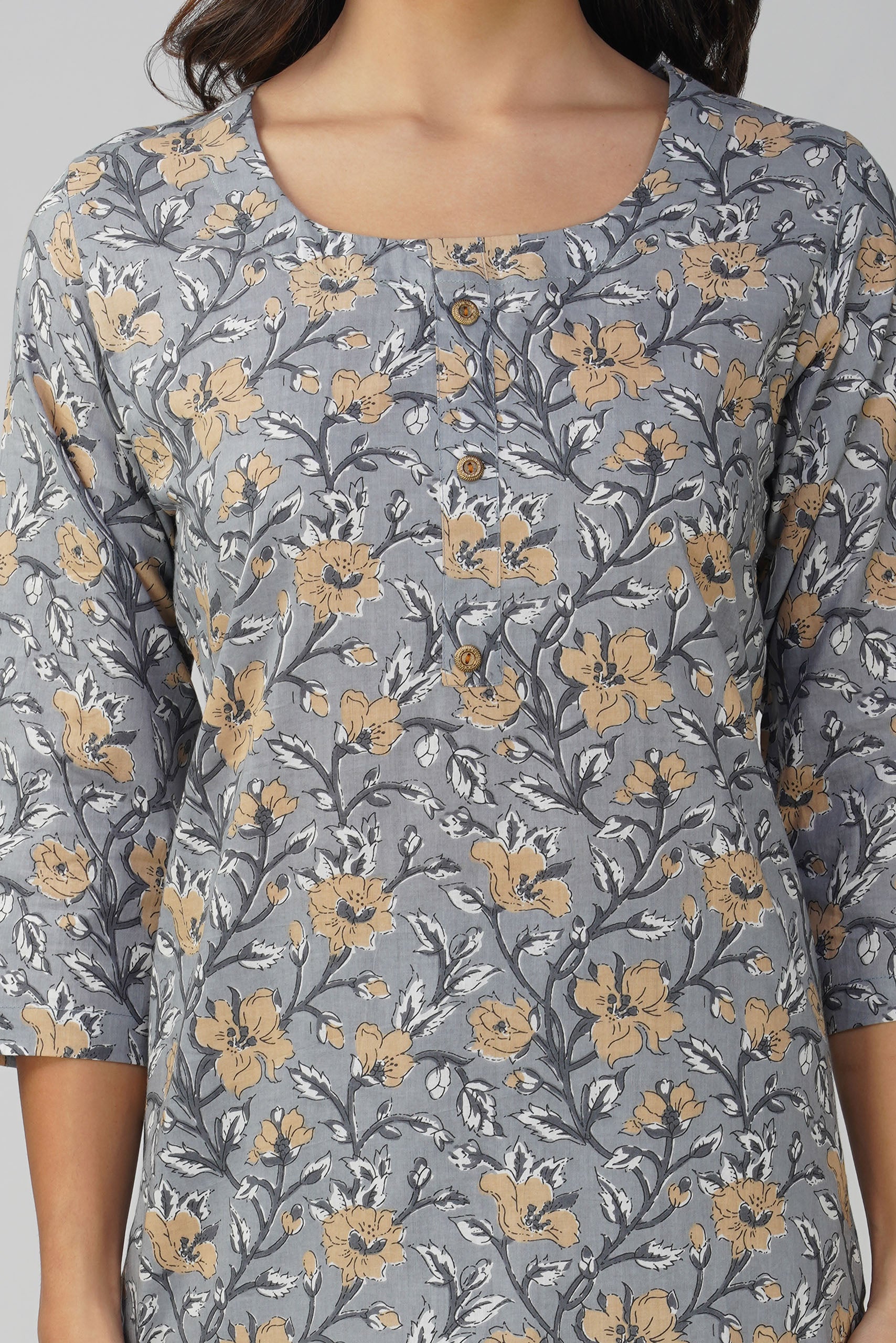 Grey Printed Round Neck Cotton Kurta Set
