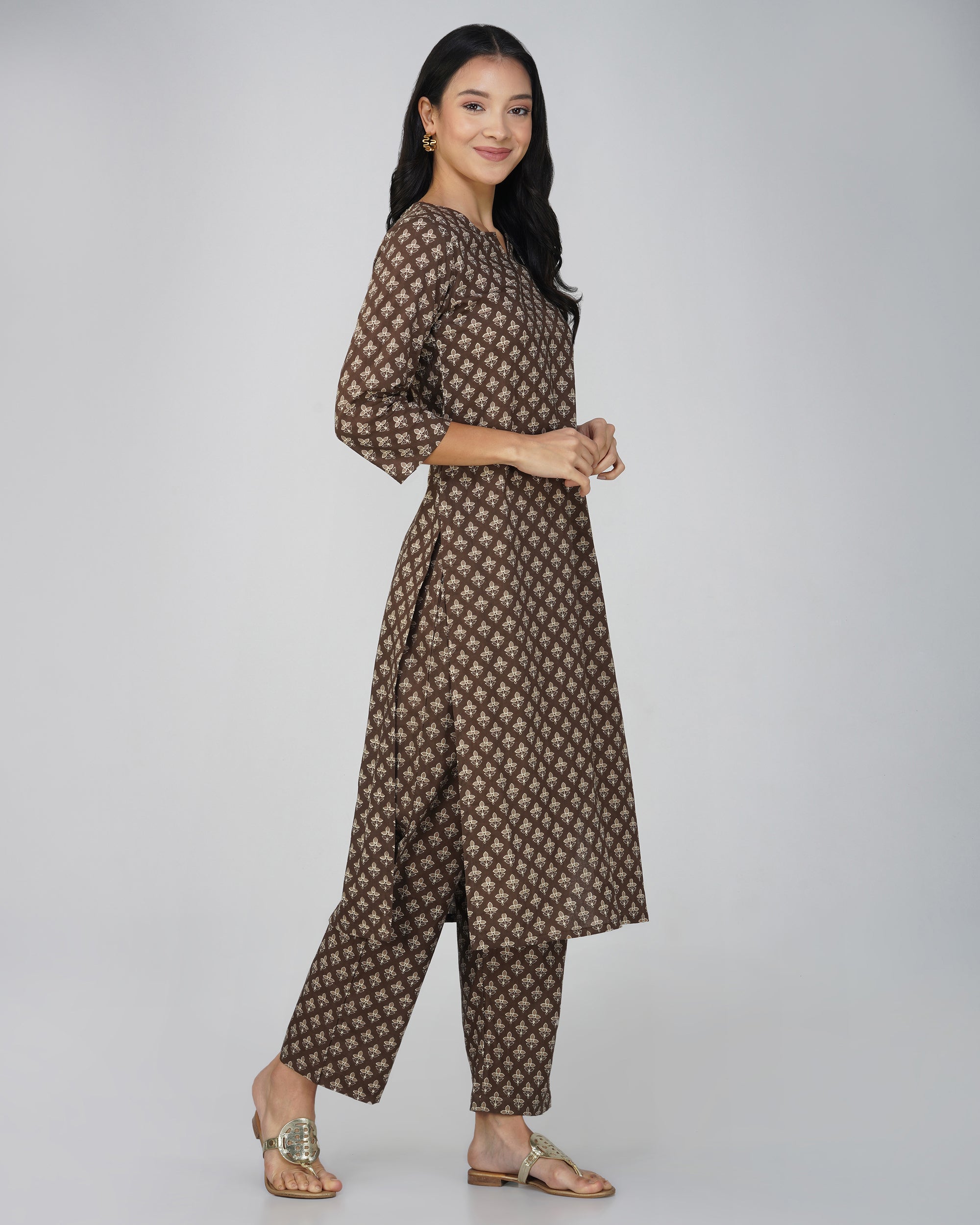 Grey Printed Round V-Neck Cotton Kurta Set