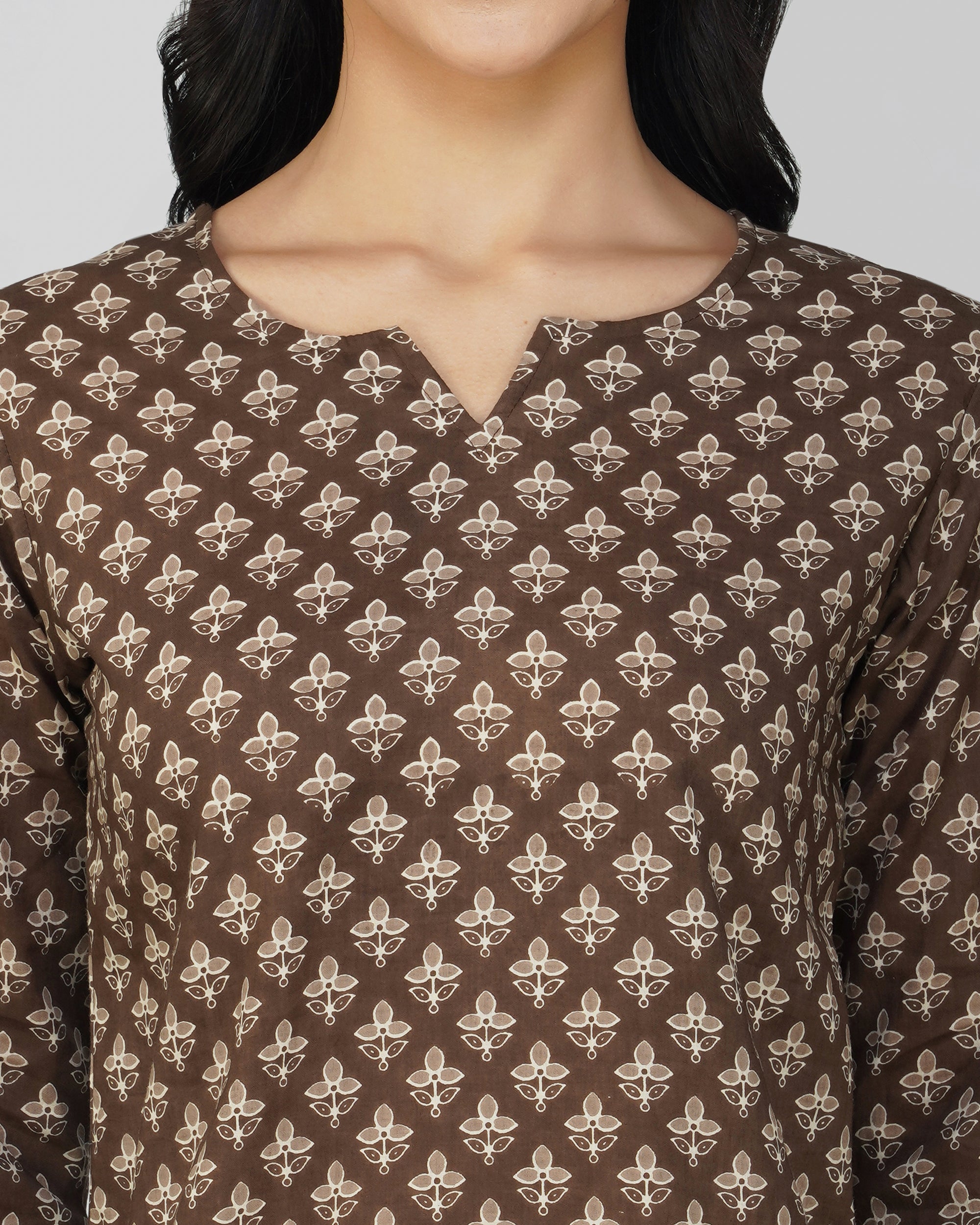 Grey Printed Round V-Neck Cotton Kurta Set