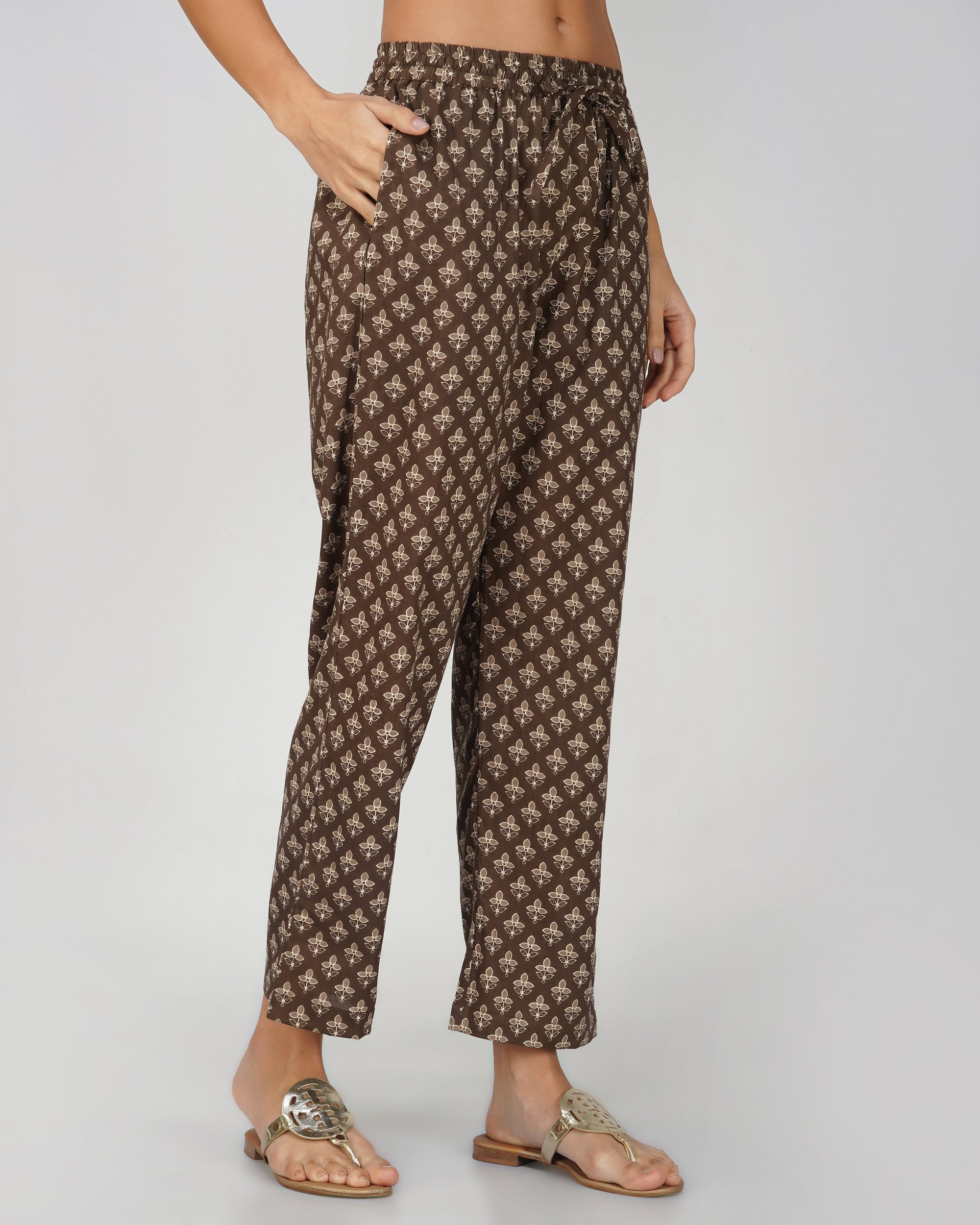 Grey Printed Round V-Neck Cotton Kurta Set