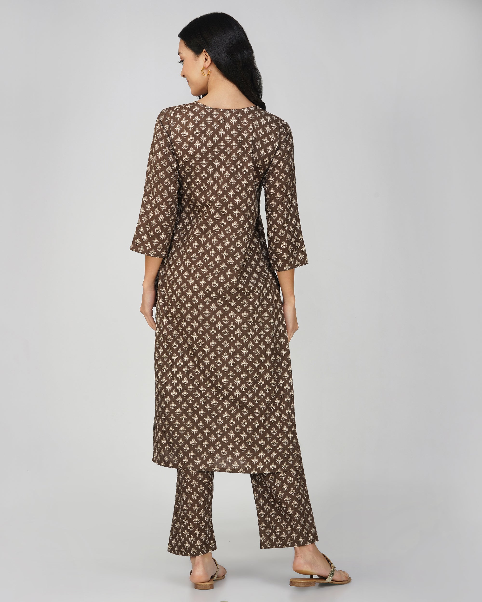 Grey Printed Round V-Neck Cotton Kurta Set