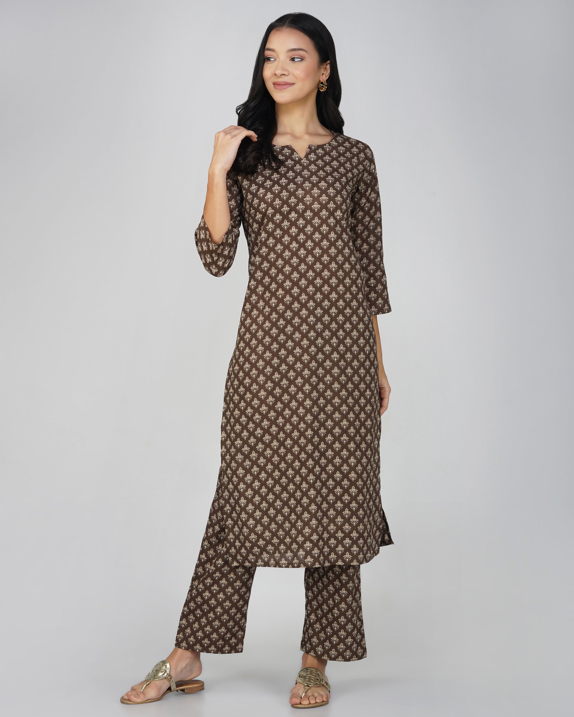 Grey Printed Round V-Neck Cotton Kurta Set