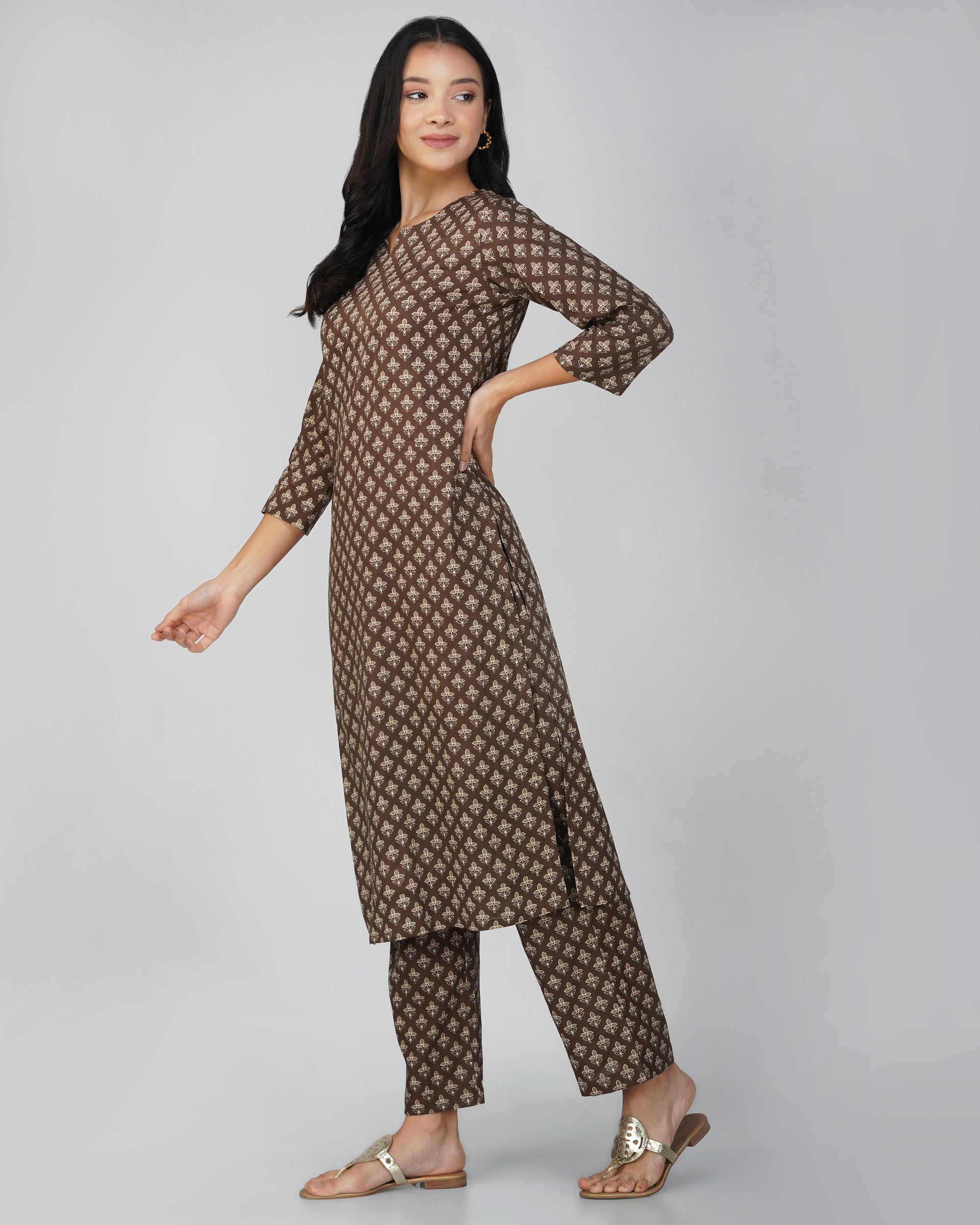 Grey Printed Round V-Neck Cotton Kurta Set