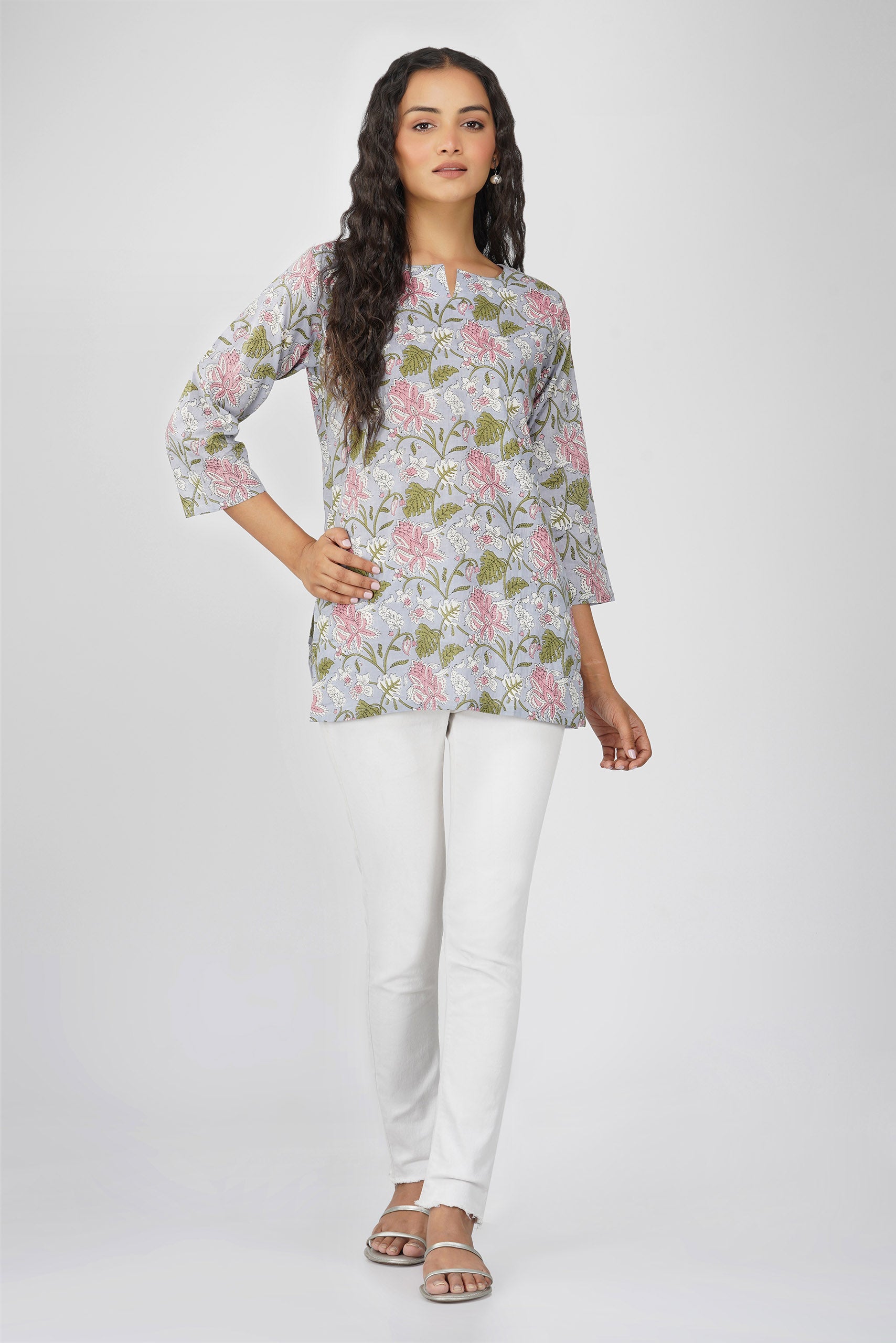 Grey Veil Print Cotton Top