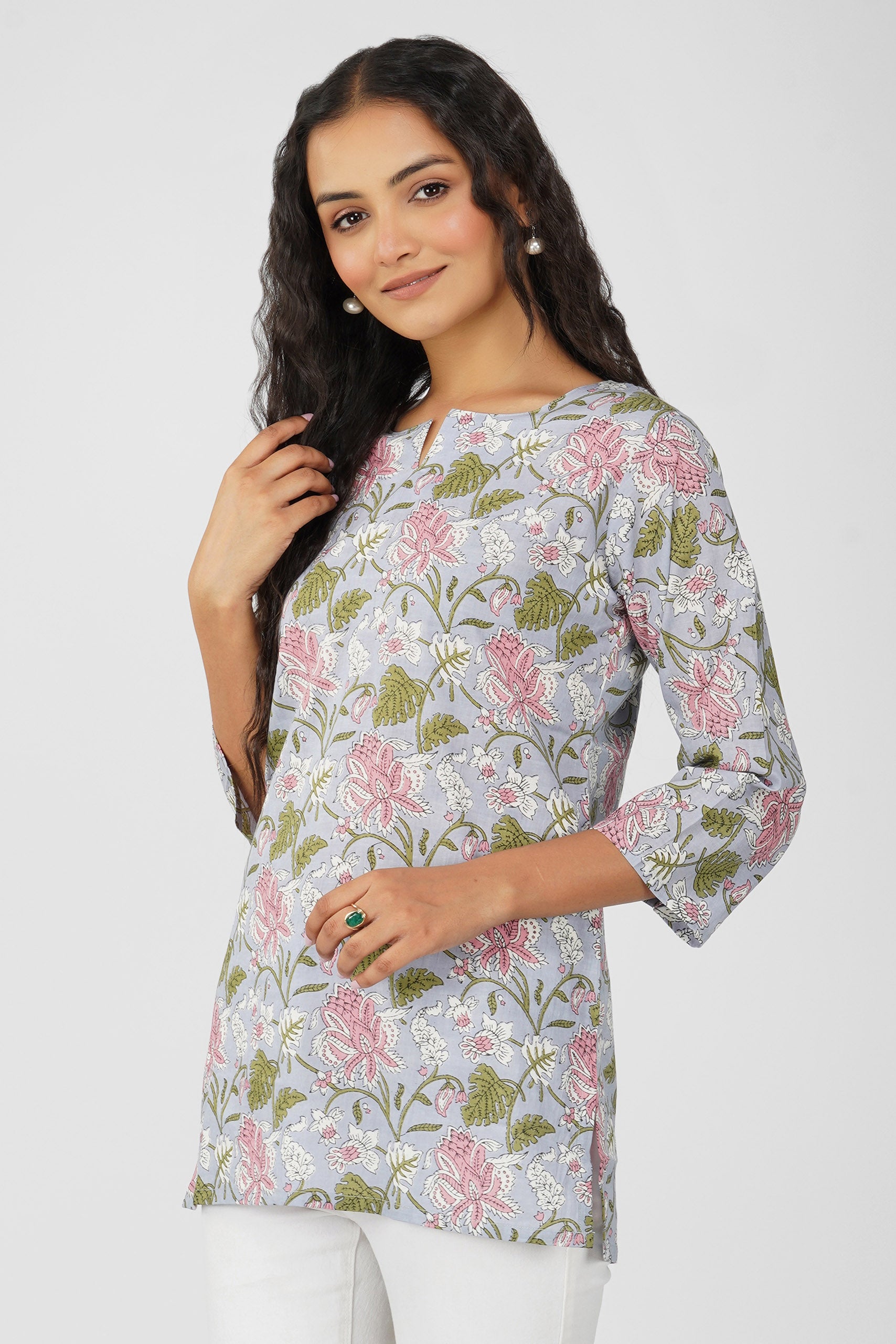 Grey Veil Print Cotton Top