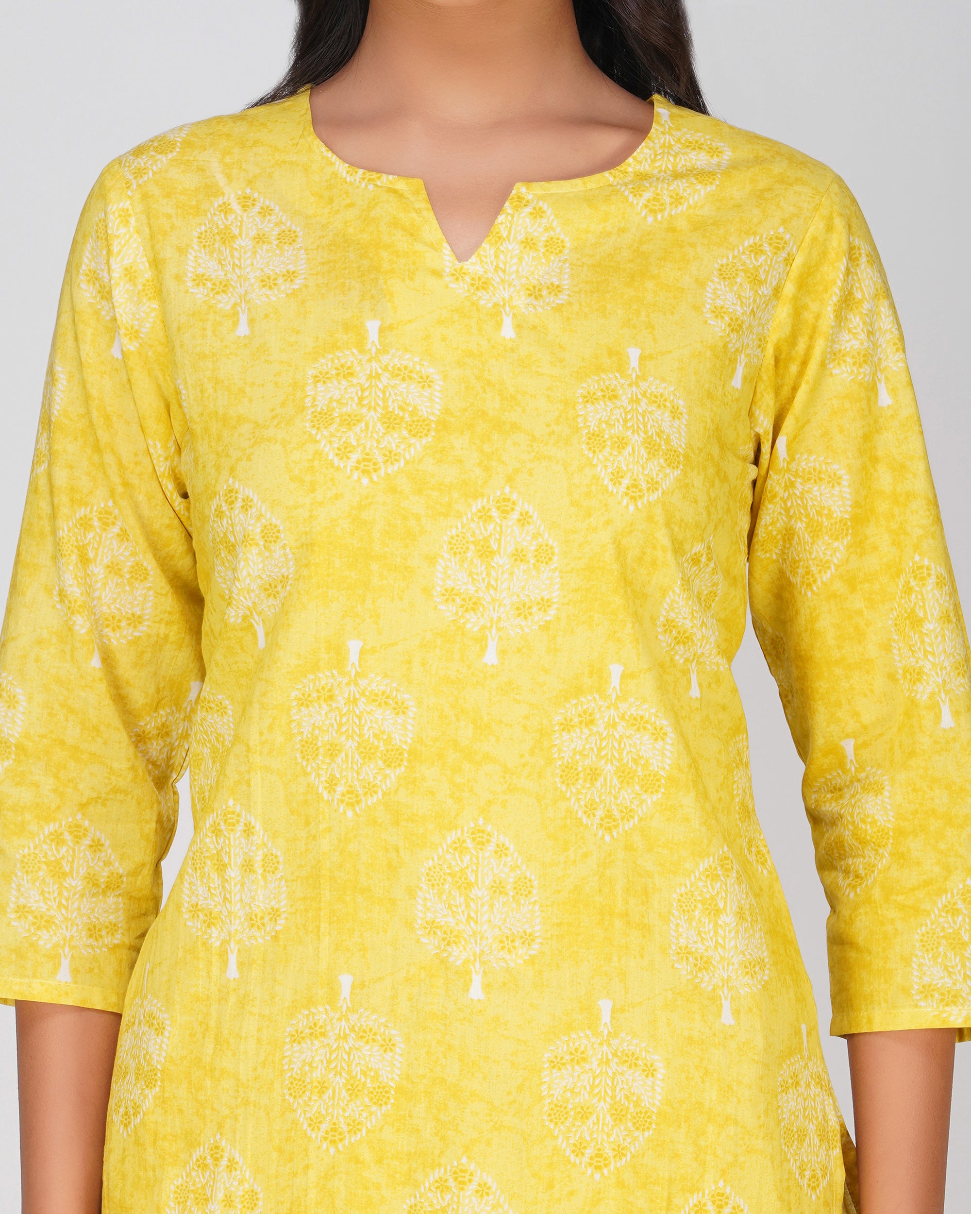 Yellow Printed Round V-Neck Cotton Kurta Set