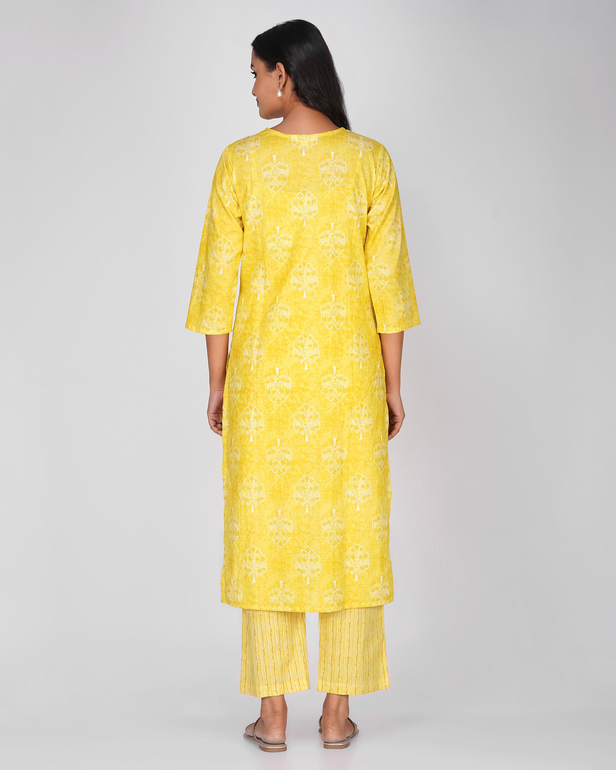 Yellow Printed Round V-Neck Cotton Kurta Set