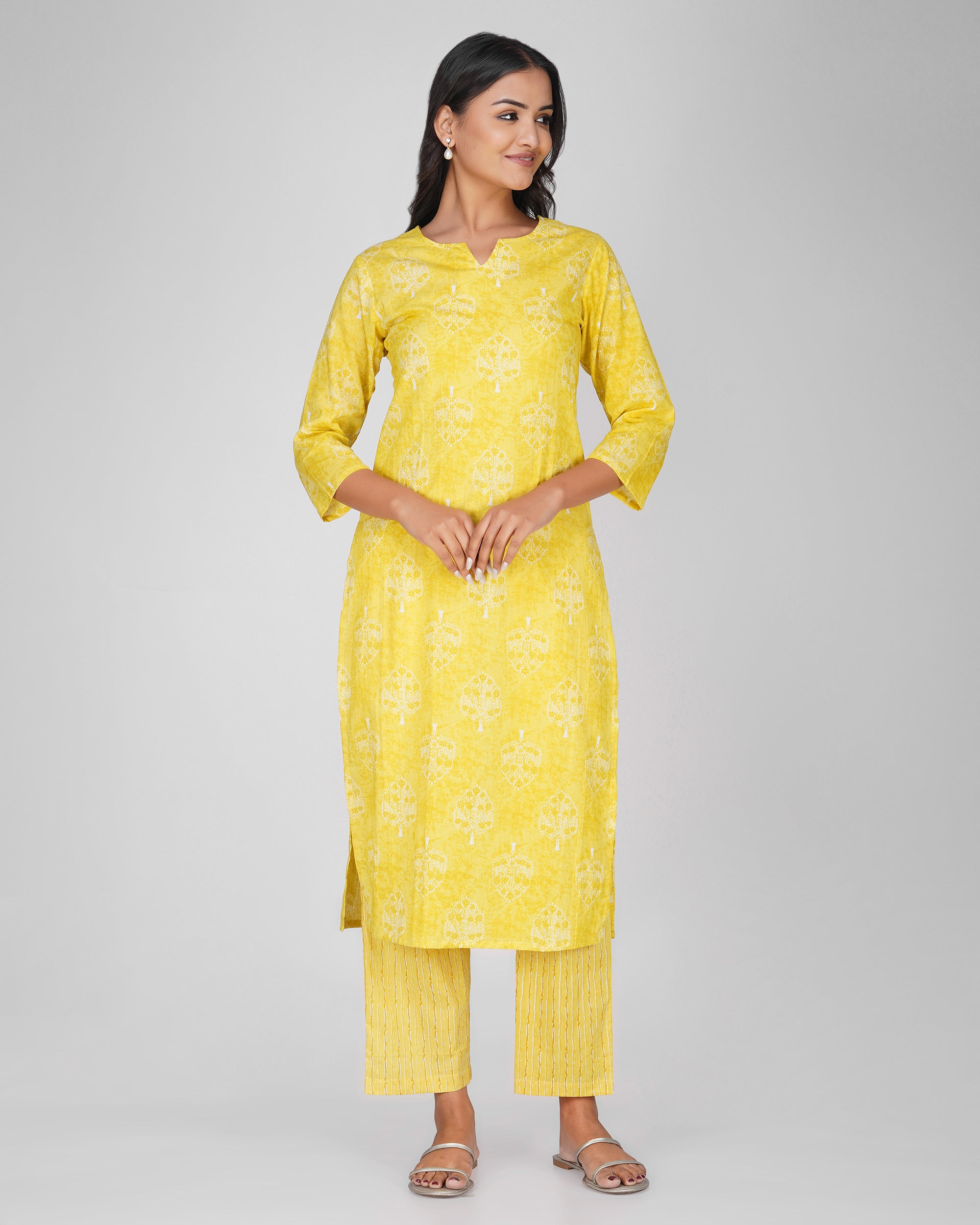 Yellow Printed Round V-Neck Cotton Kurta Set