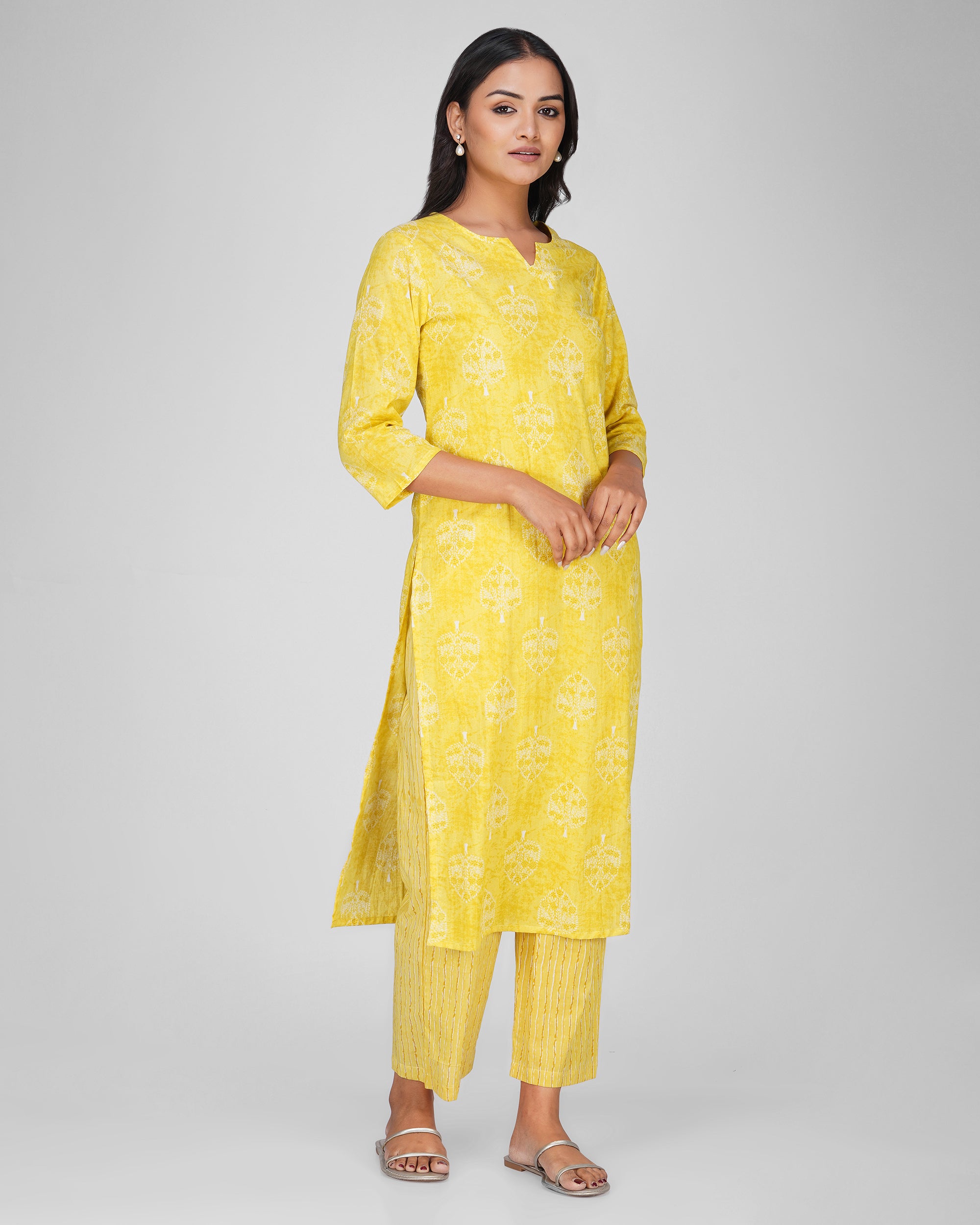 Yellow Printed Round V-Neck Cotton Kurta Set