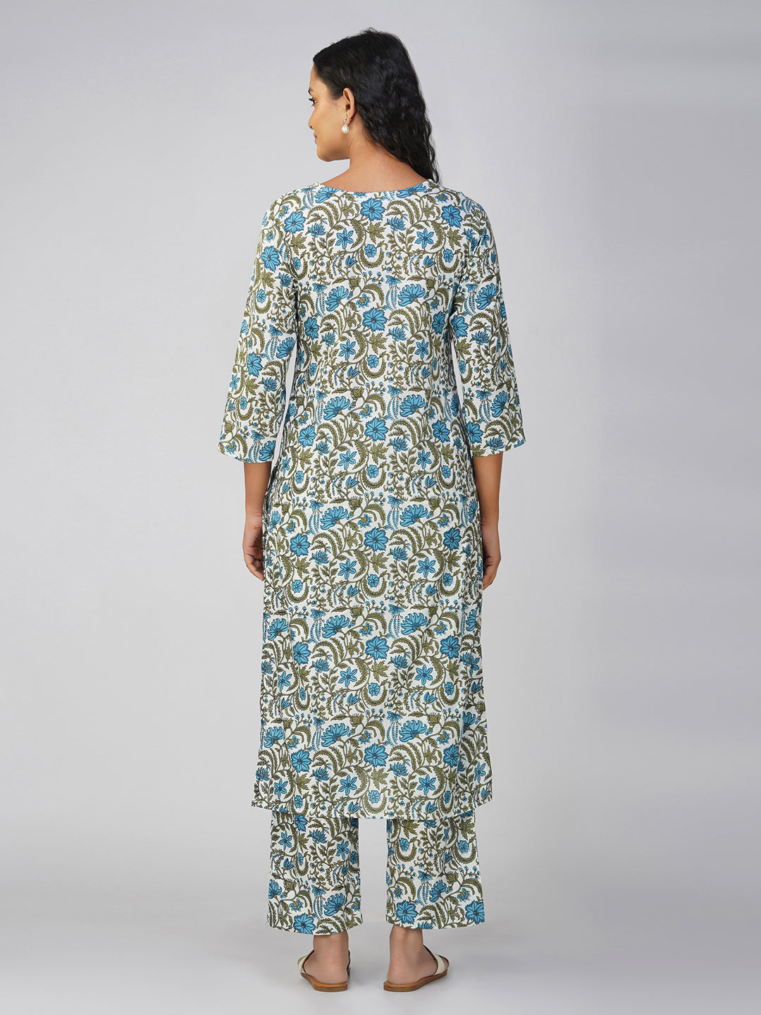 White Printed V-Neck Cotton Kurta Set
