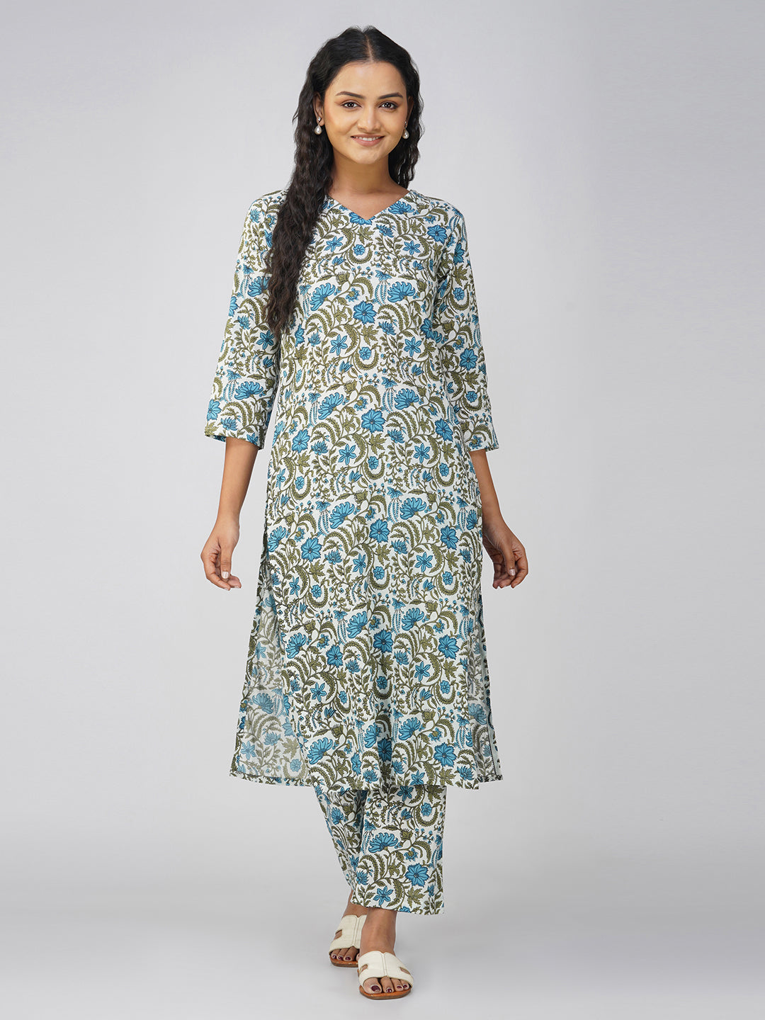 White Printed V-Neck Cotton Kurta Set
