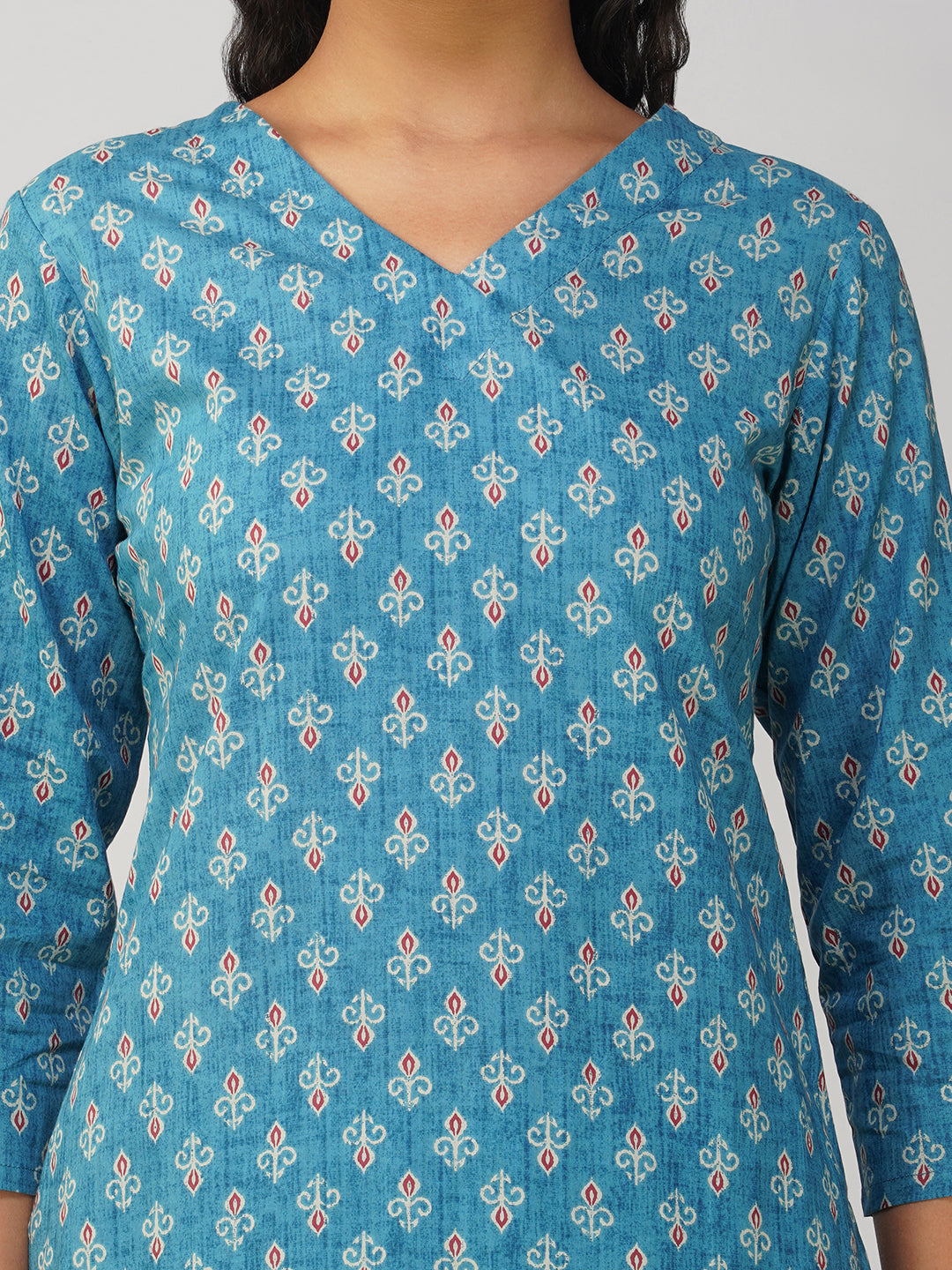 Blue Printed V-Neck Cotton Kurta Set