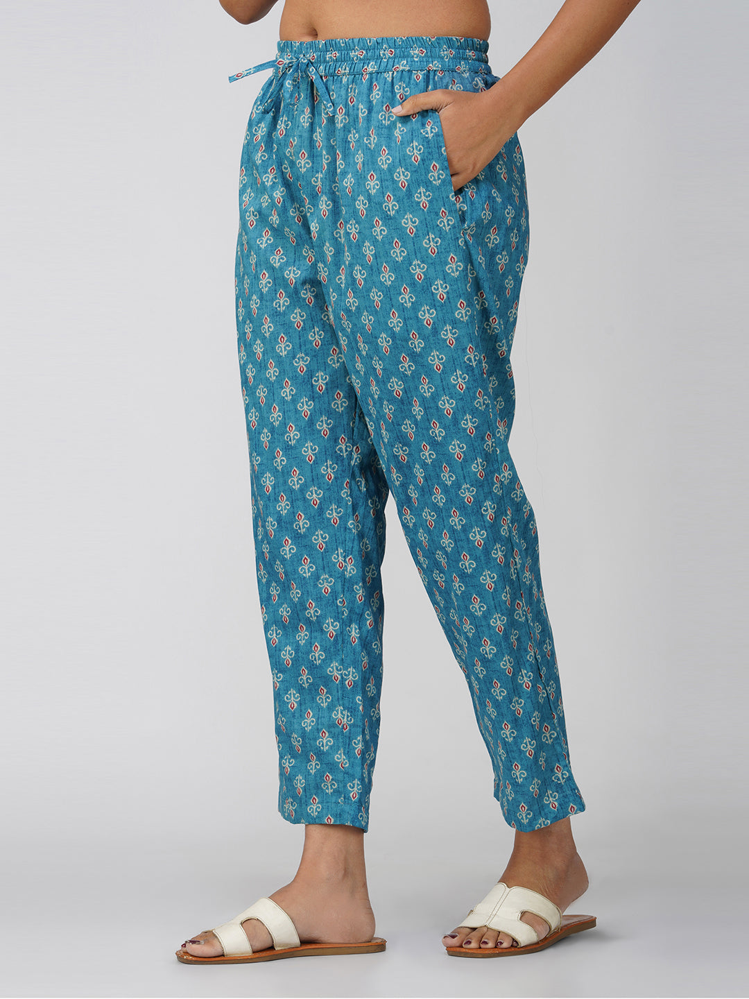 Blue Printed V-Neck Cotton Kurta Set