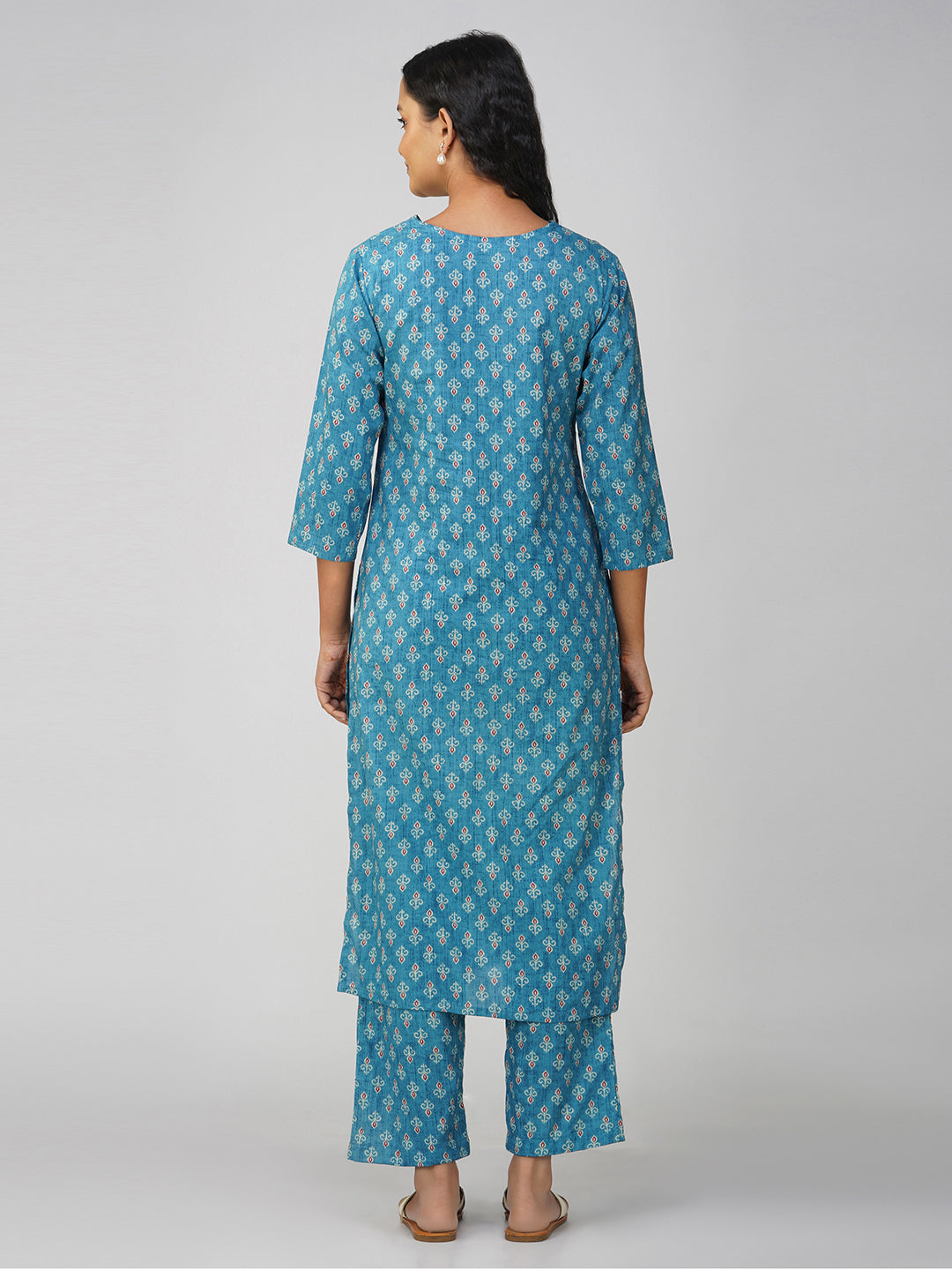 Blue Printed V-Neck Cotton Kurta Set