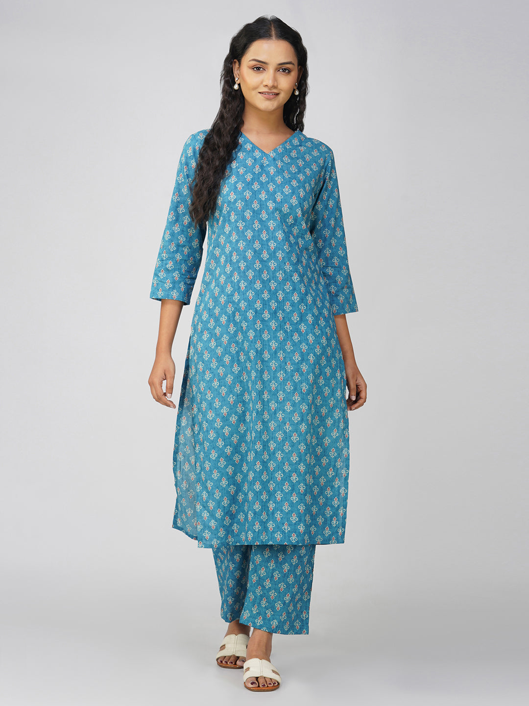 Blue Printed V-Neck Cotton Kurta Set
