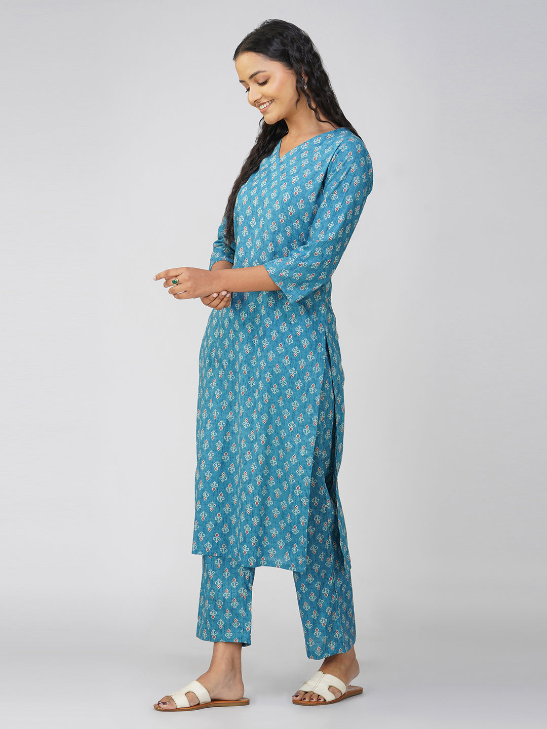 Blue Printed V-Neck Cotton Kurta Set