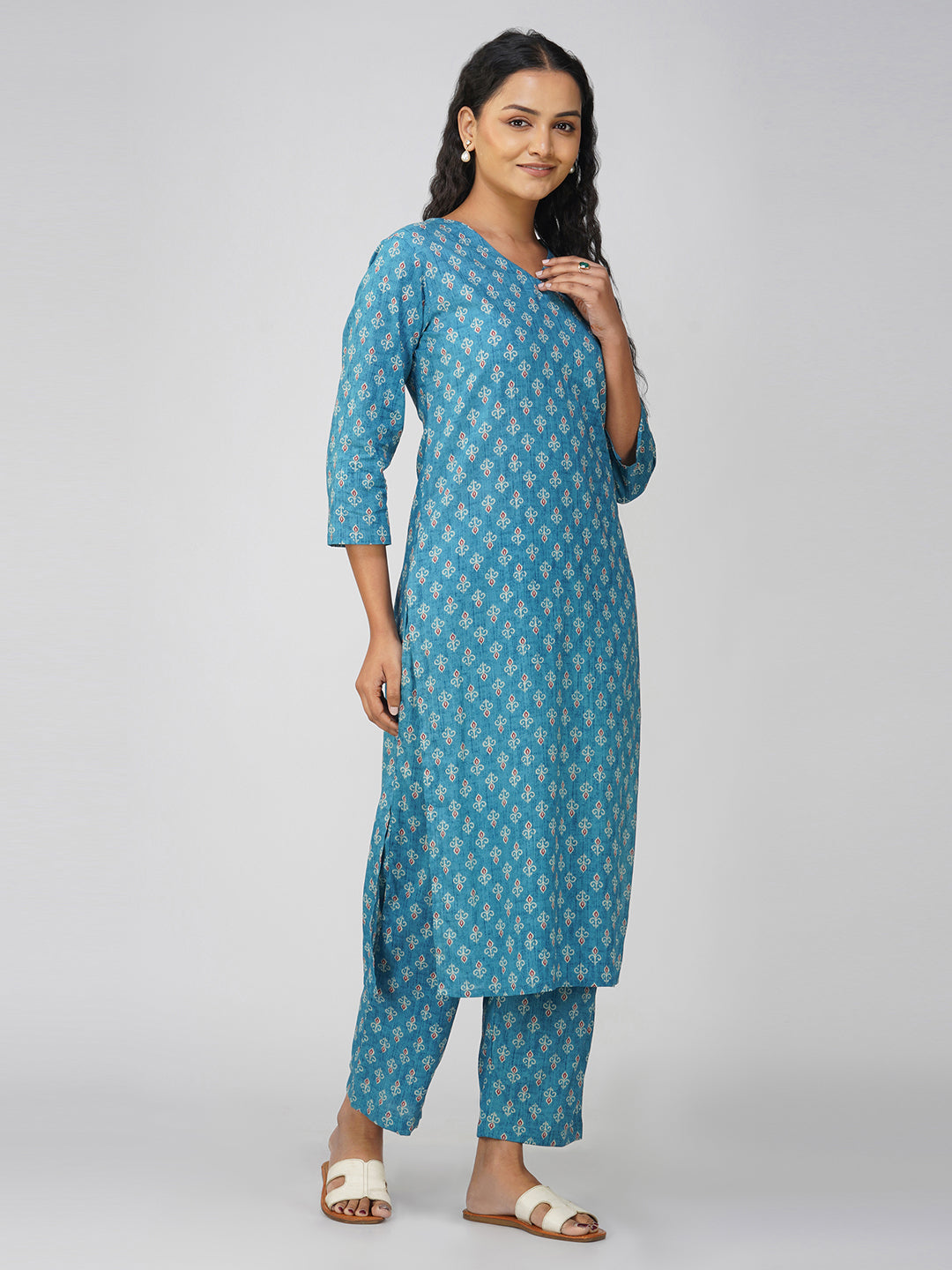 Blue Printed V-Neck Cotton Kurta Set