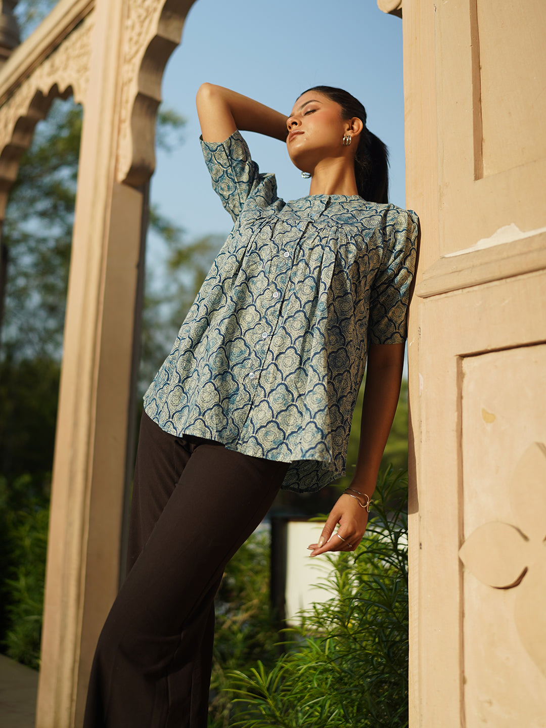 Light Blue Printed Flared Cotton Top