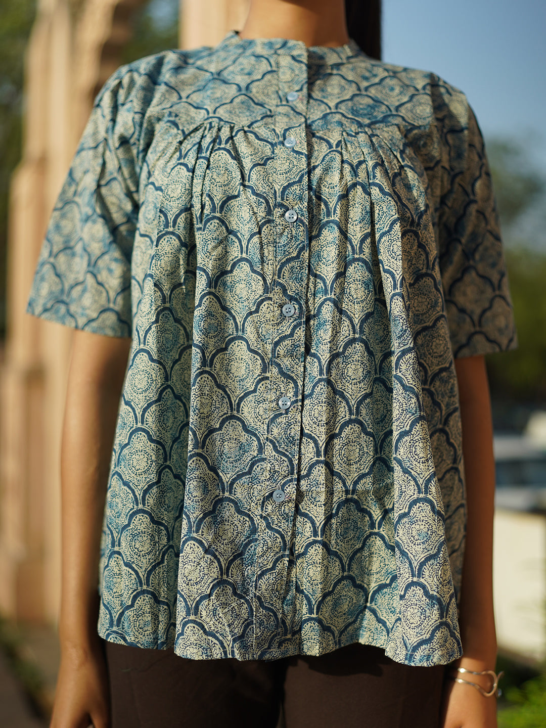 Light Blue Printed Flared Cotton Top