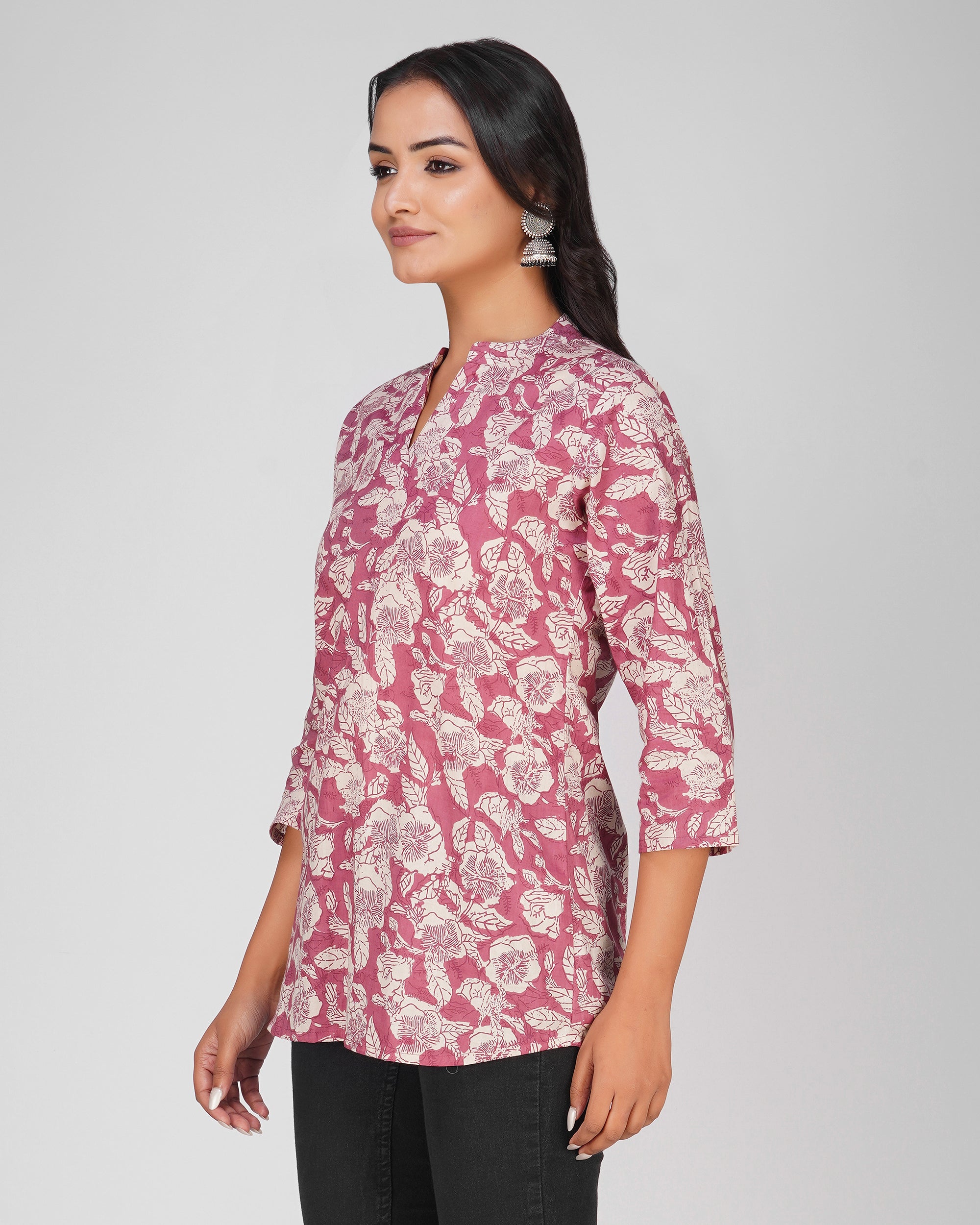 Pink Printed Mandarin Collar Cotton Top