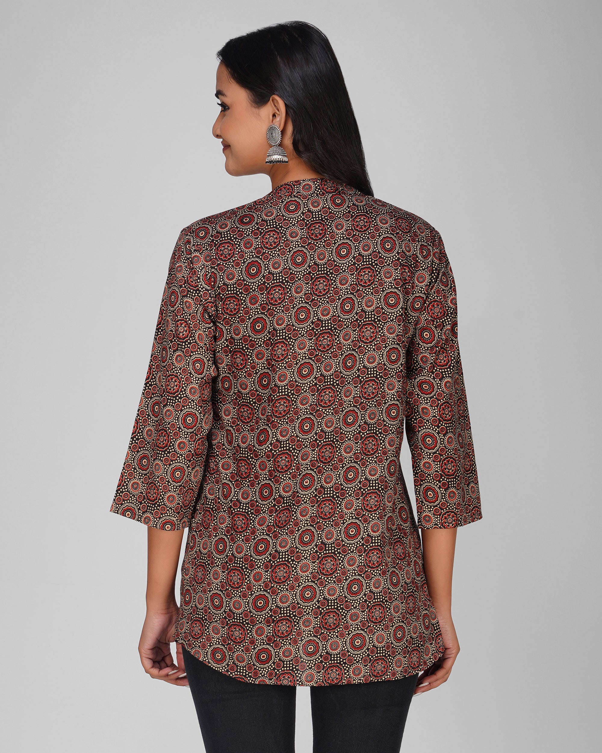 Black Printed Mandarin Collar Cotton Top