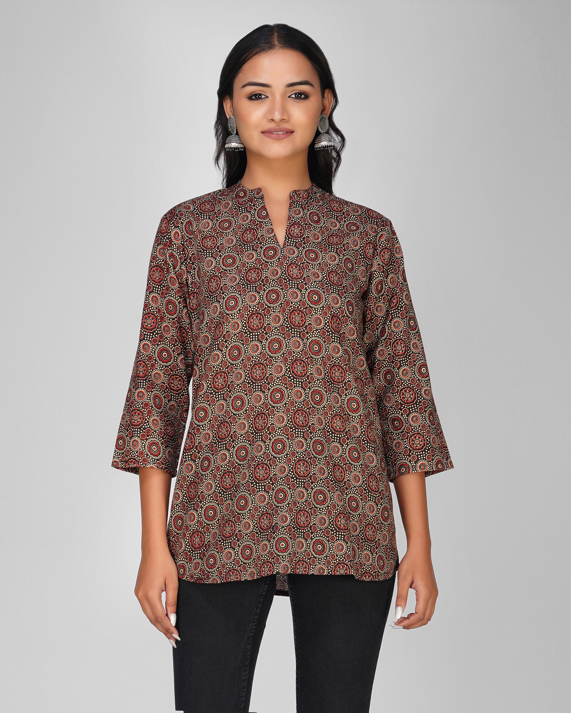 Black Printed Mandarin Collar Cotton Top
