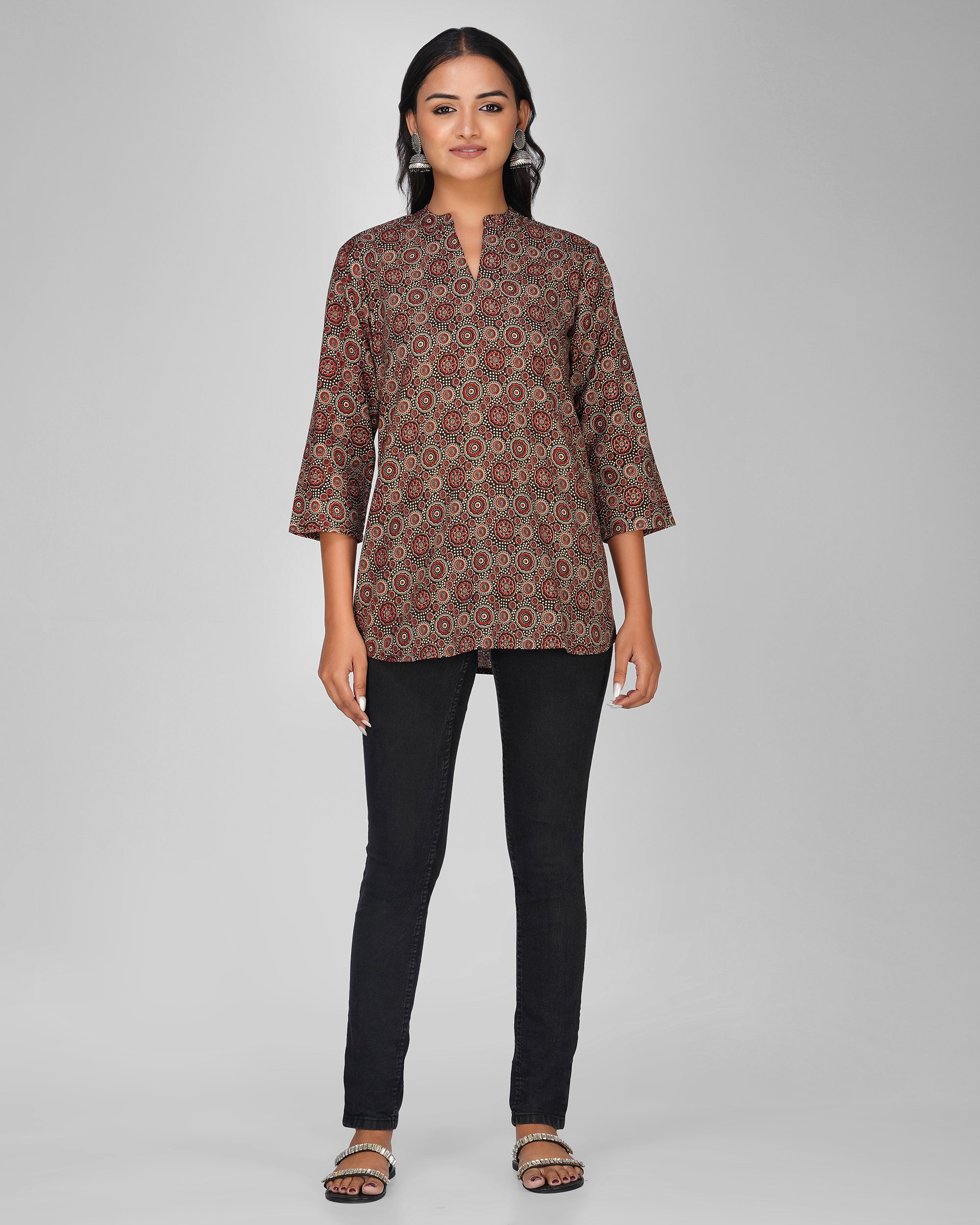 Black Printed Mandarin Collar Cotton Top