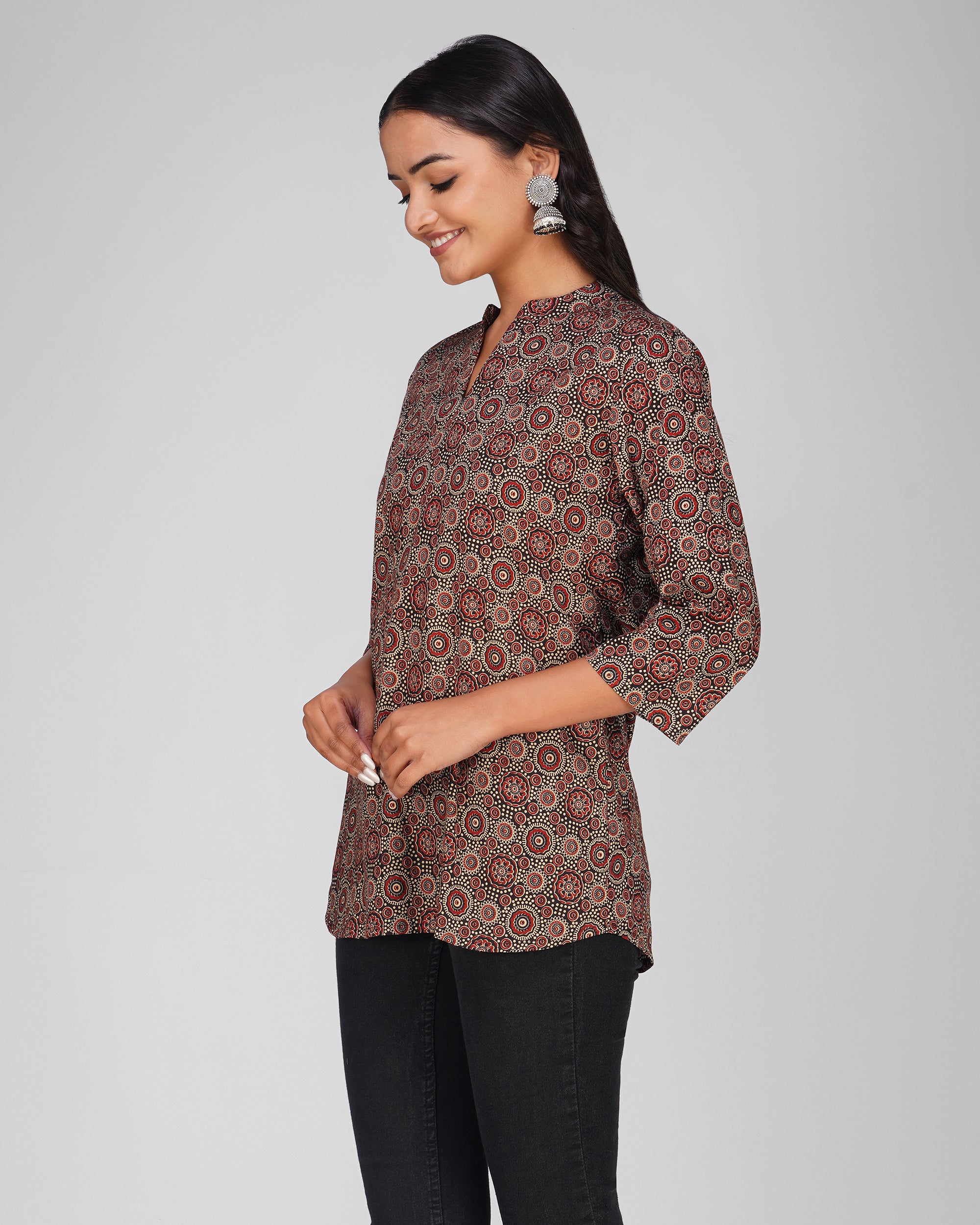 Black Printed Mandarin Collar Cotton Top