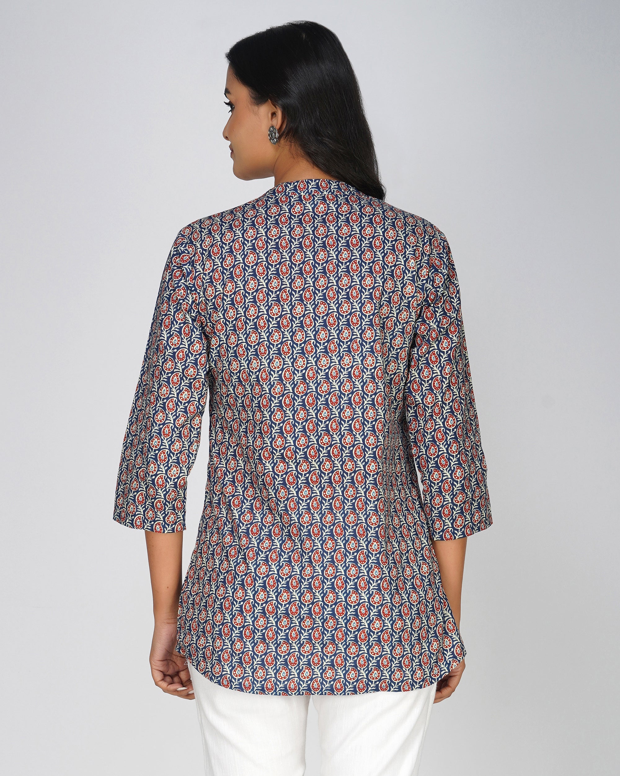 Blue Printed Mandarin Collar Cotton Top