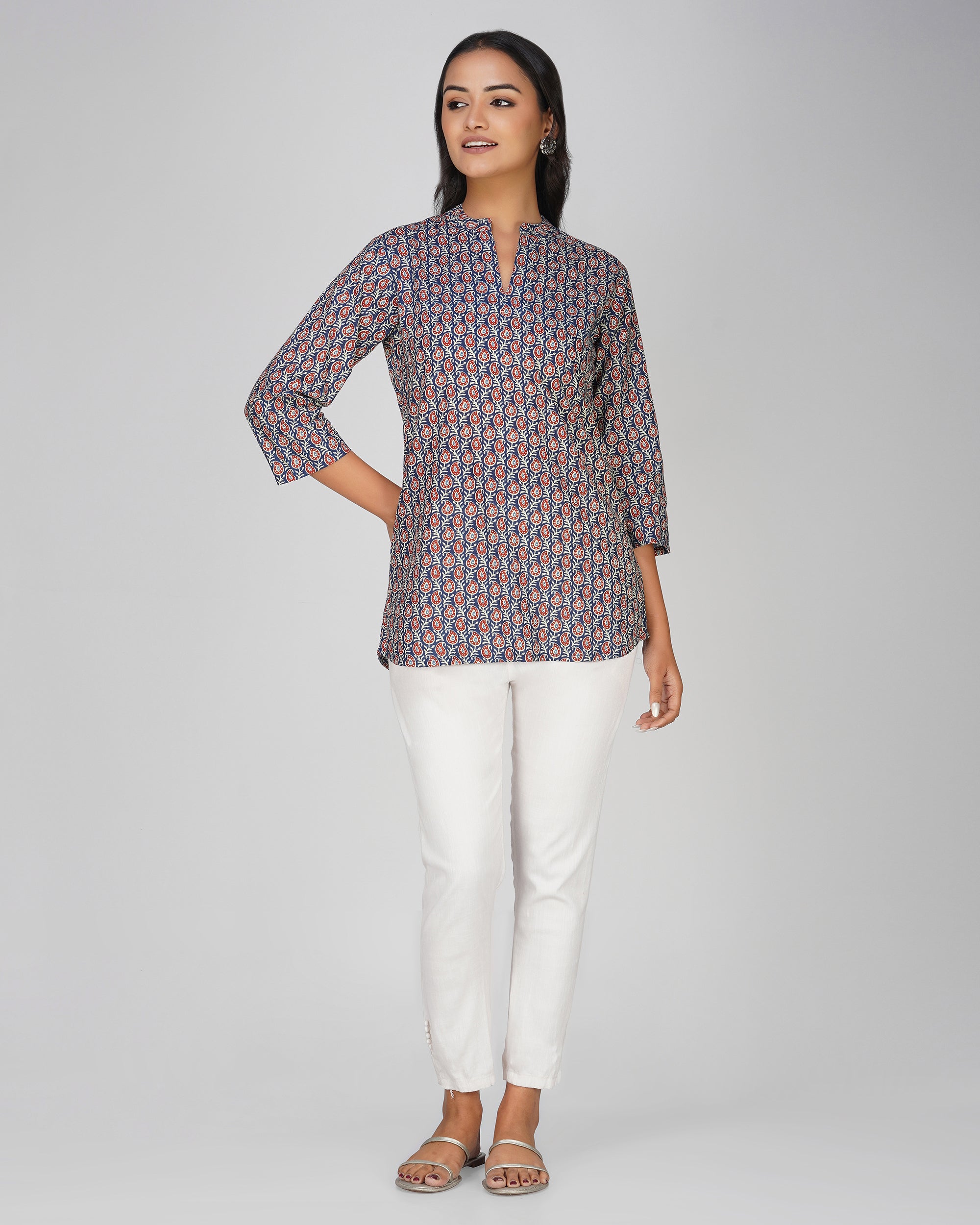 Blue Printed Mandarin Collar Cotton Top